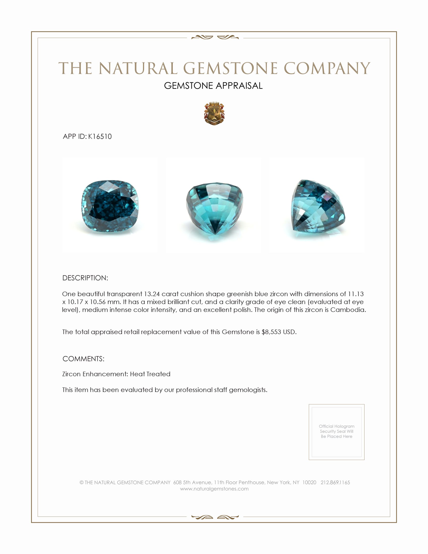 13.24 Ct. Greenish Blue Zircon from Cambodia