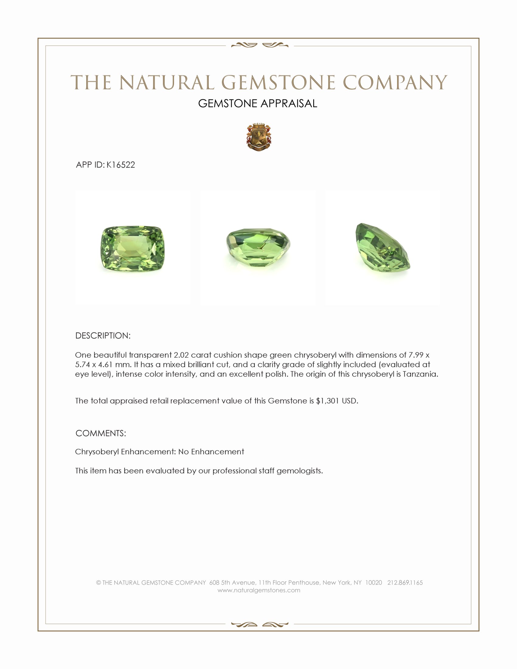 2.02 Ct. Green Chrysoberyl from Tanzania
