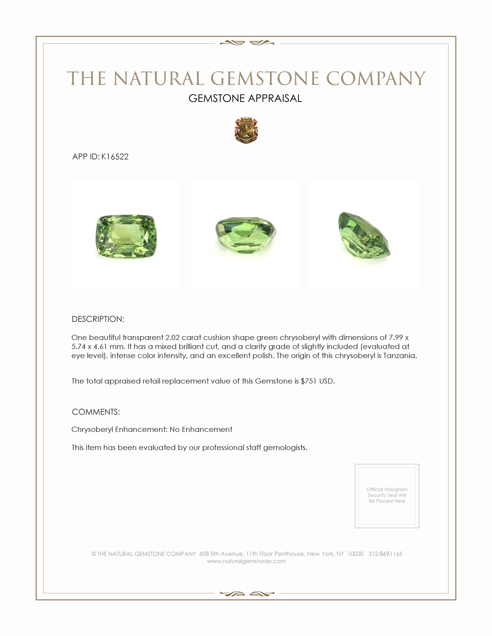 2.02 Ct. Chrysoberyl from Tanzania