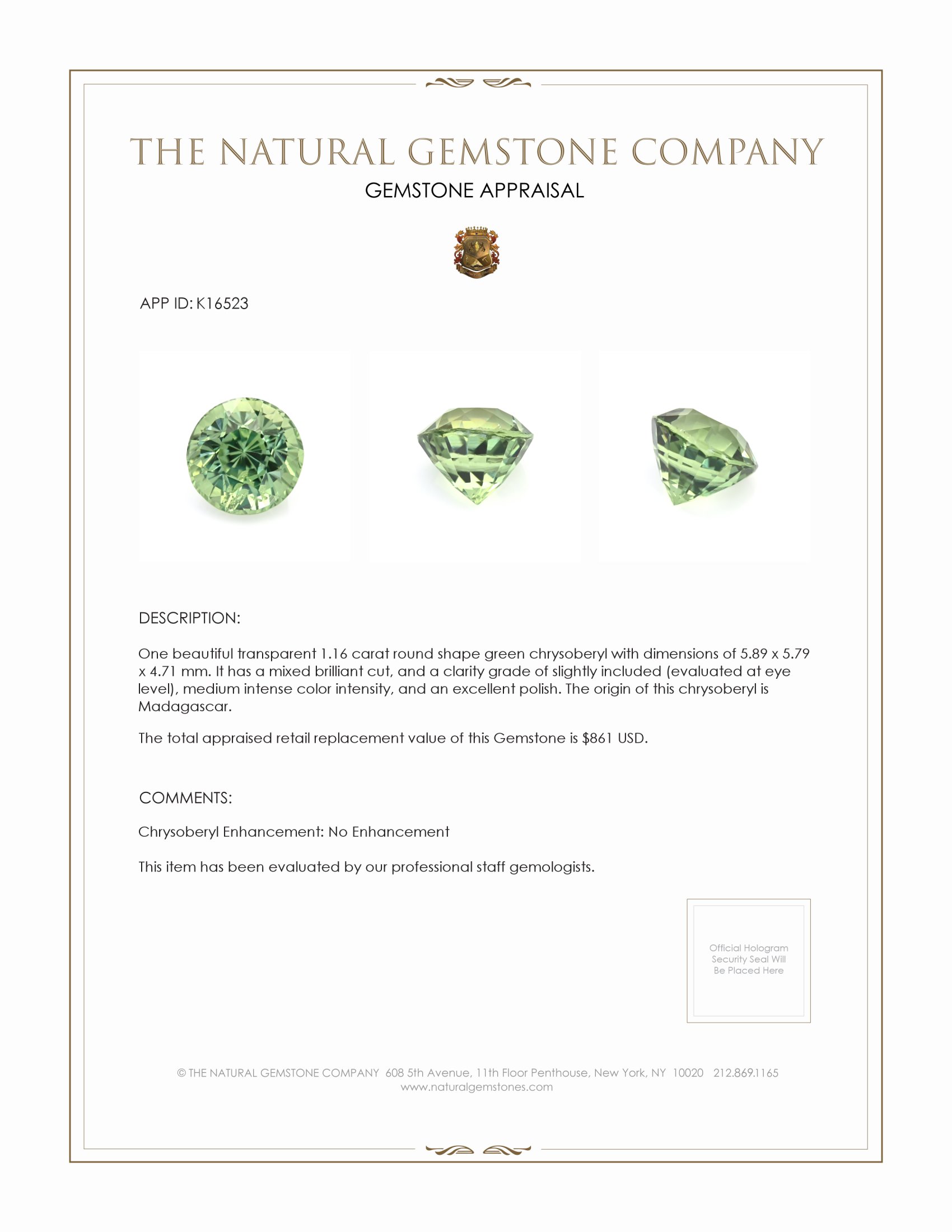 1.16 Ct. Green Chrysoberyl from Madagascar