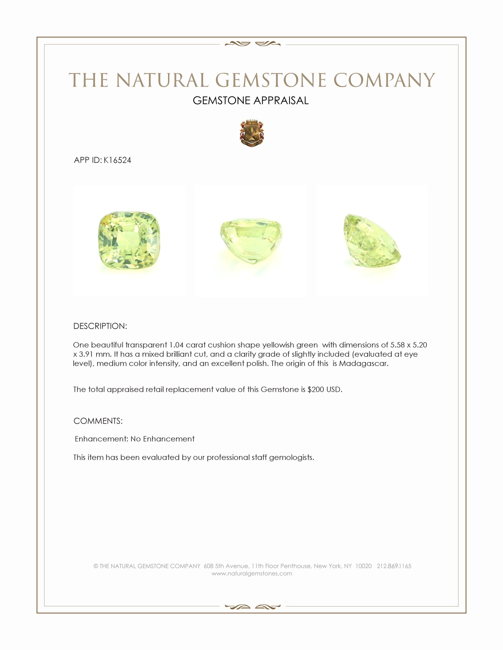 1.04 Ct. Yellowish Green Chrysoberyl from Madagascar