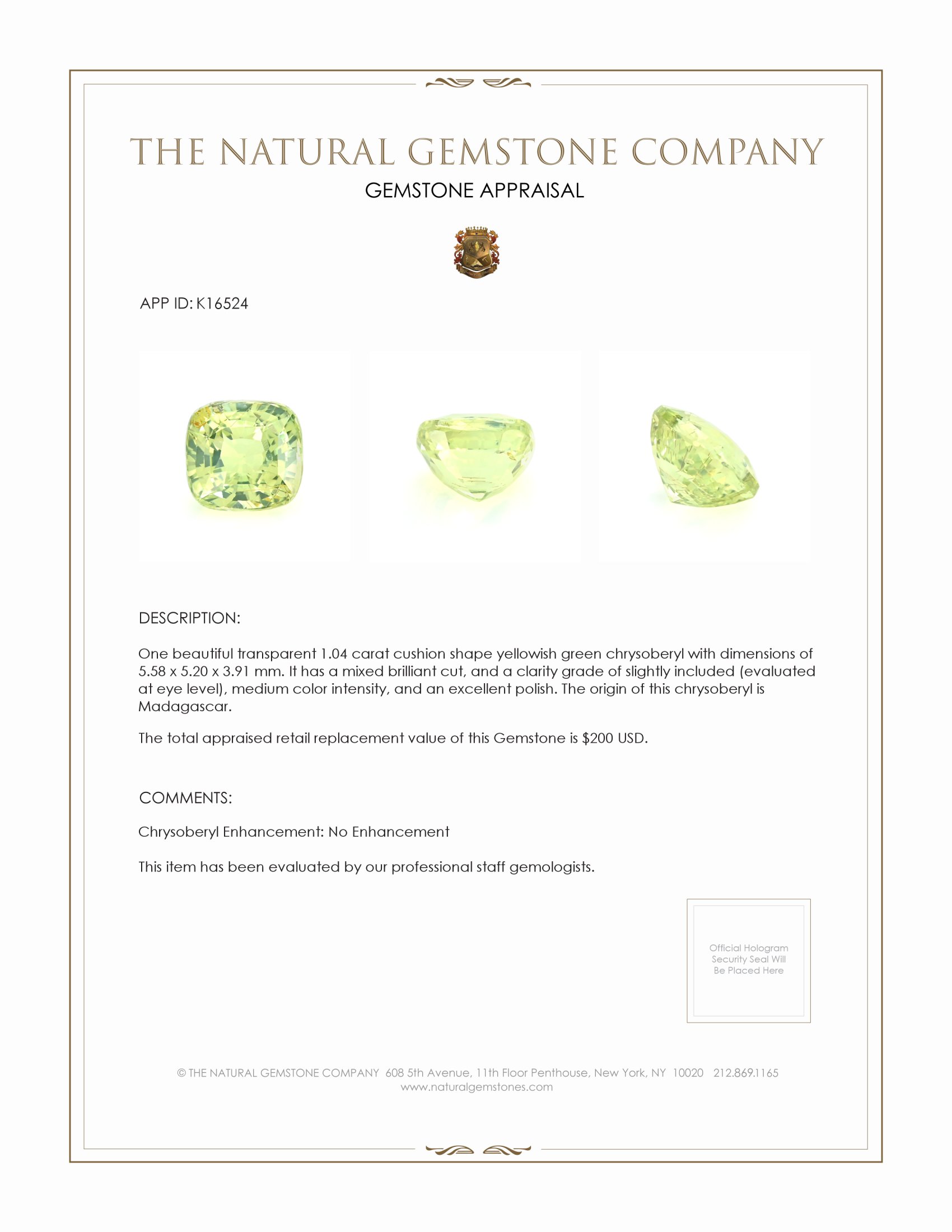 1.04 Ct. Chrysoberyl from Madagascar