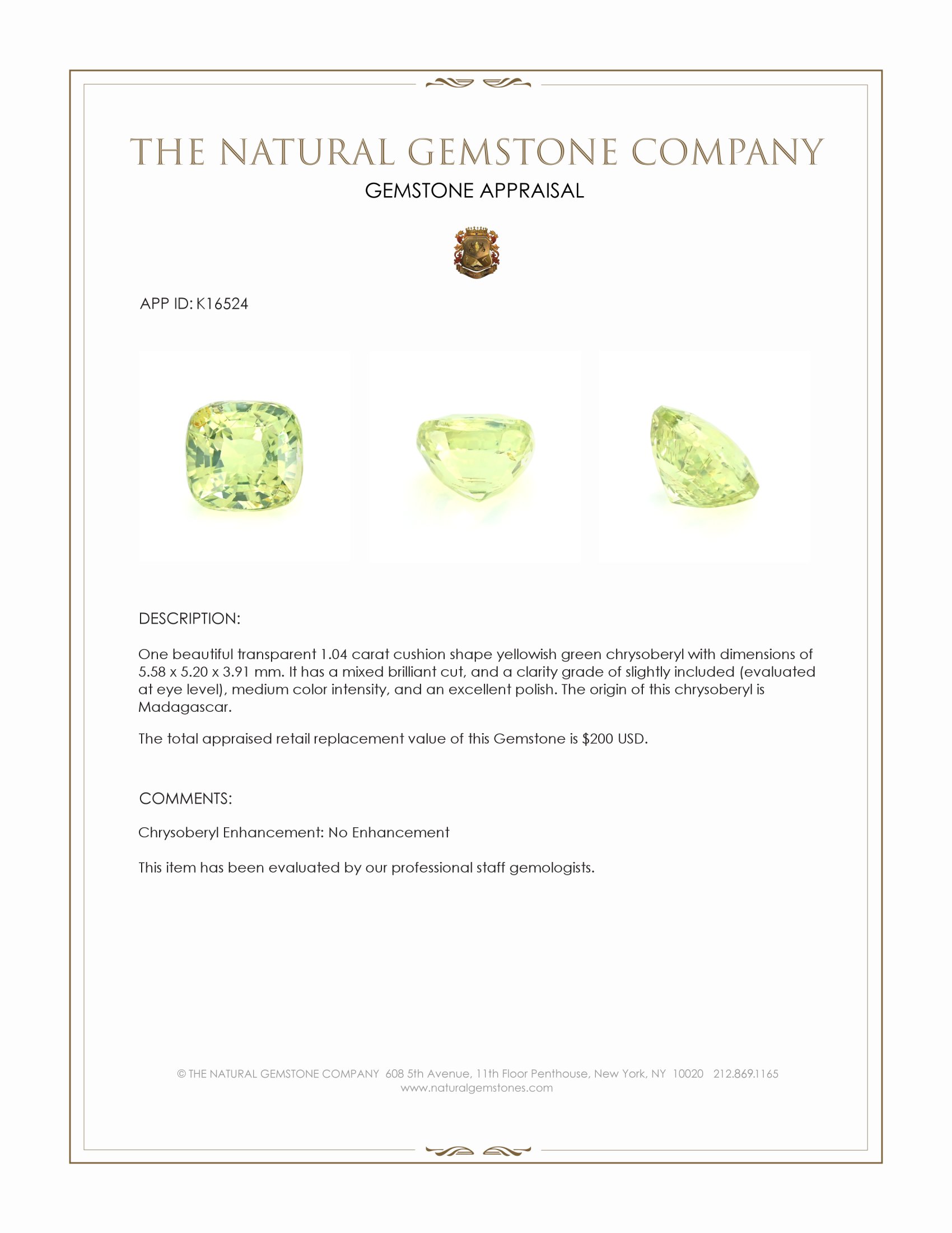 1.04 Ct. Chrysoberyl from Madagascar