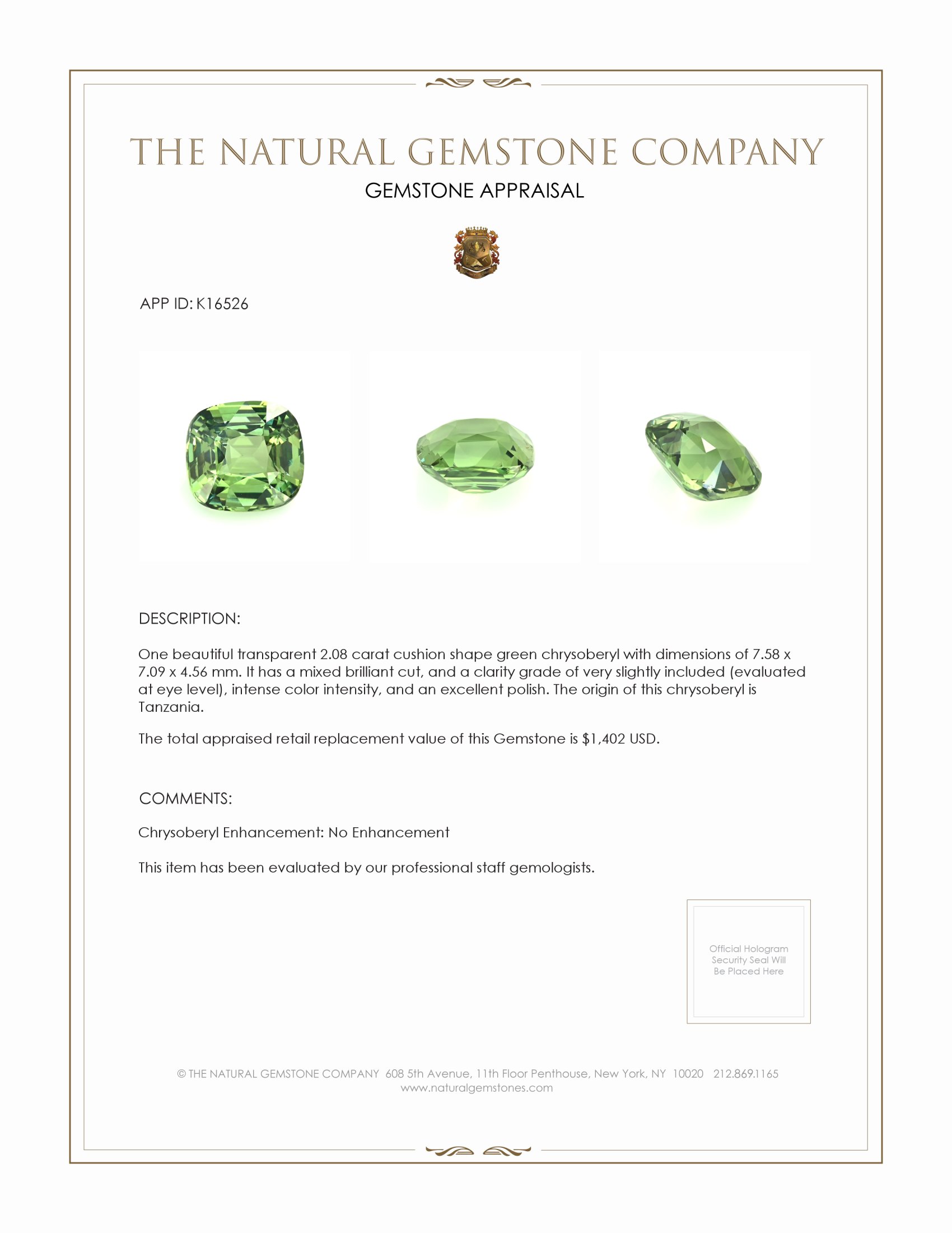 2.08 Ct. Green Chrysoberyl from Tanzania