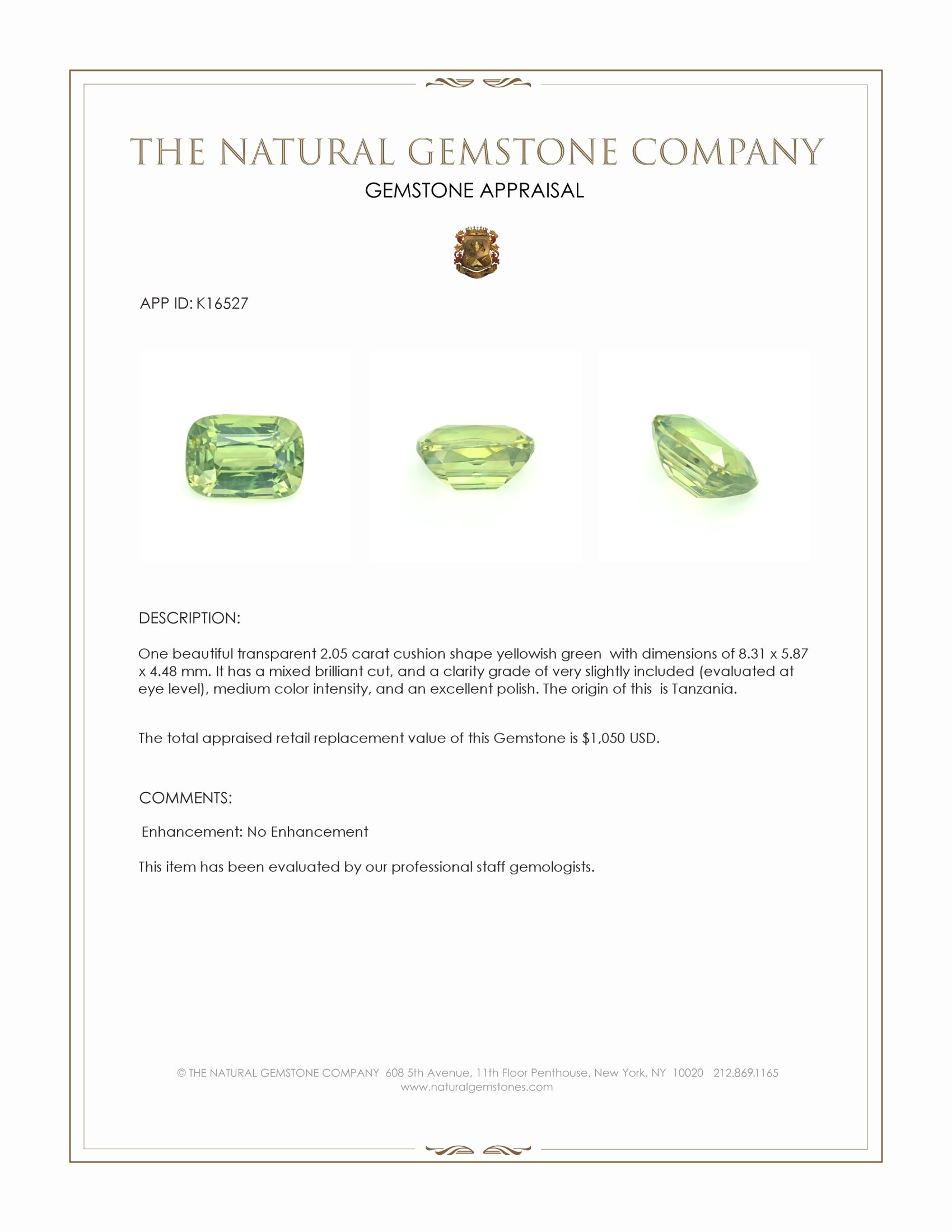 2.05 Ct. Yellowish Green Chrysoberyl from Tanzania