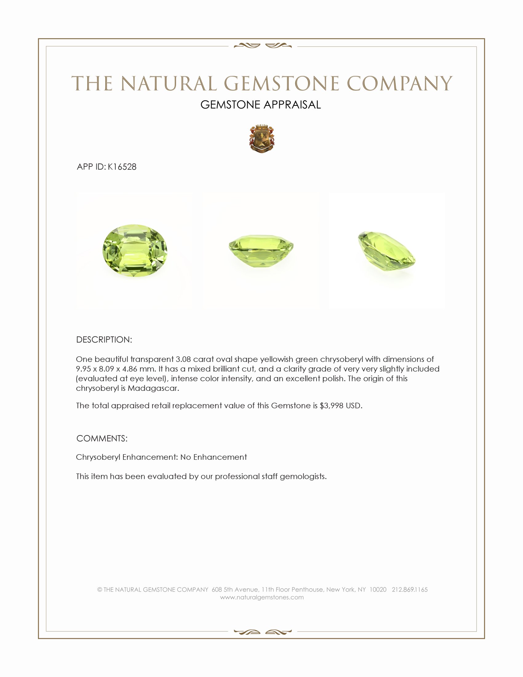 3.08 Ct. Yellowish Green Chrysoberyl from Madagascar