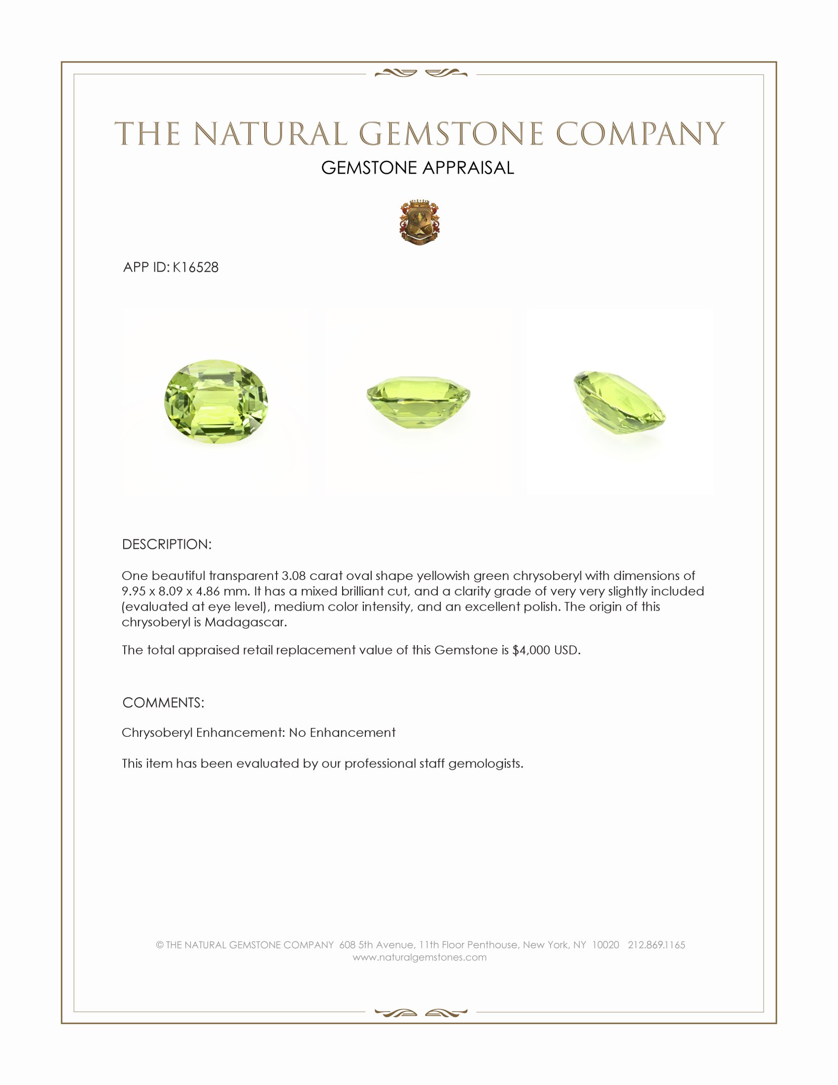 3.08 Ct. Yellowish Green Chrysoberyl from Madagascar