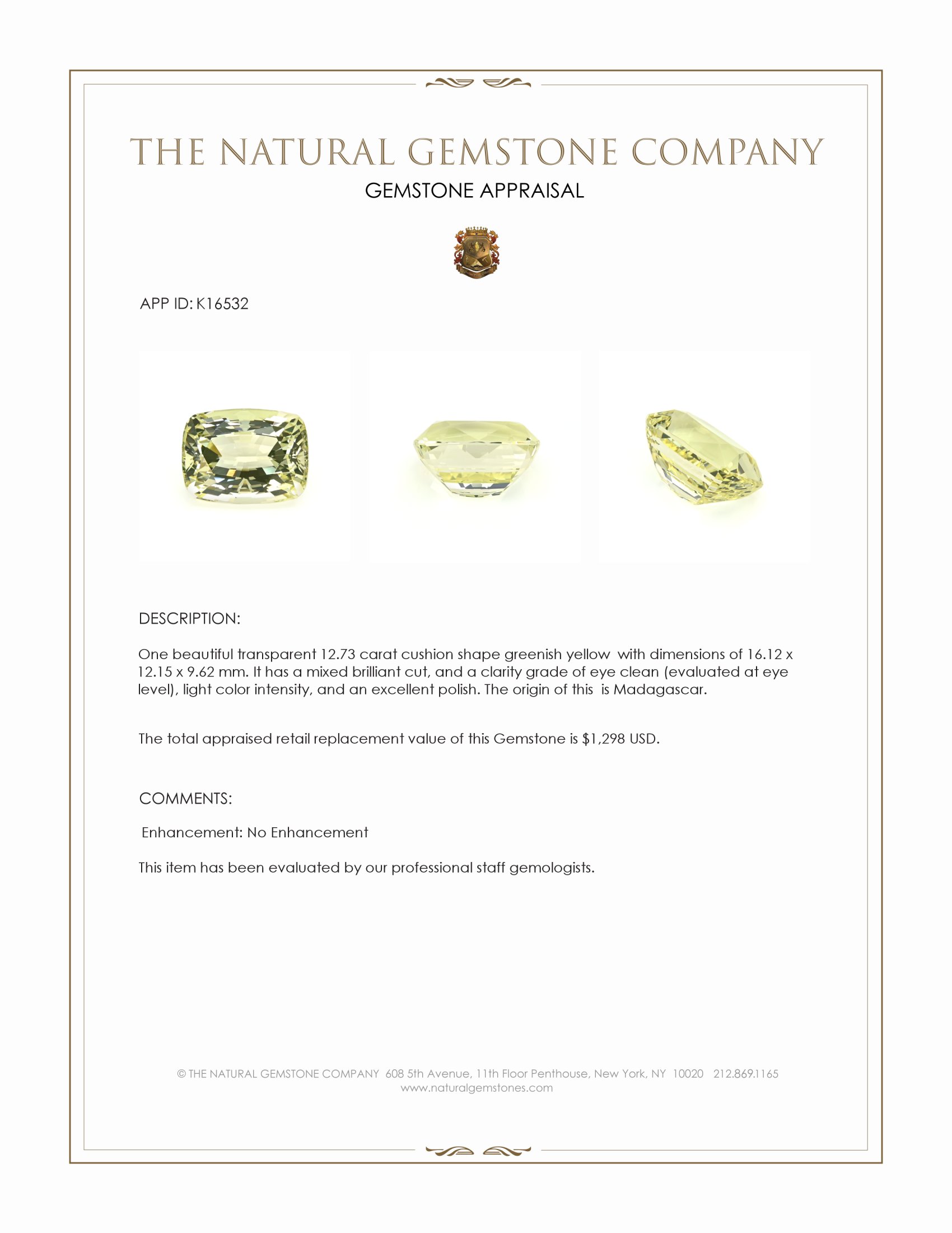 12.73 Ct. Greenish Yellow Heliodor from Madagascar