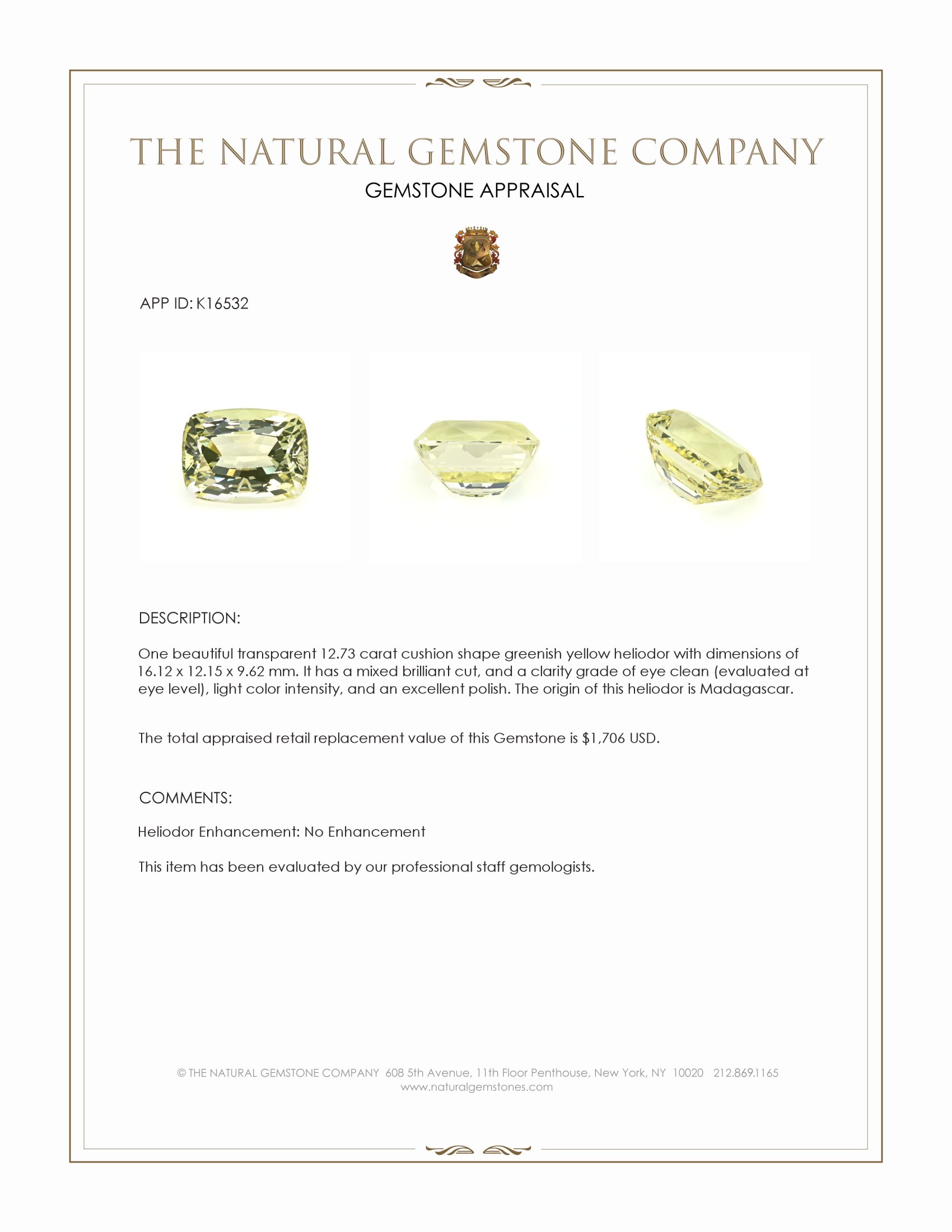 12.73 Ct. Greenish Yellow Heliodor from Madagascar