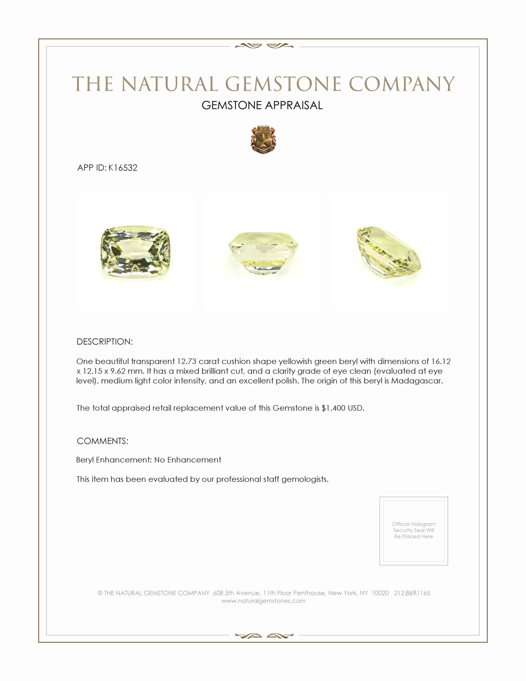 12.73 Ct. Beryl from Madagascar