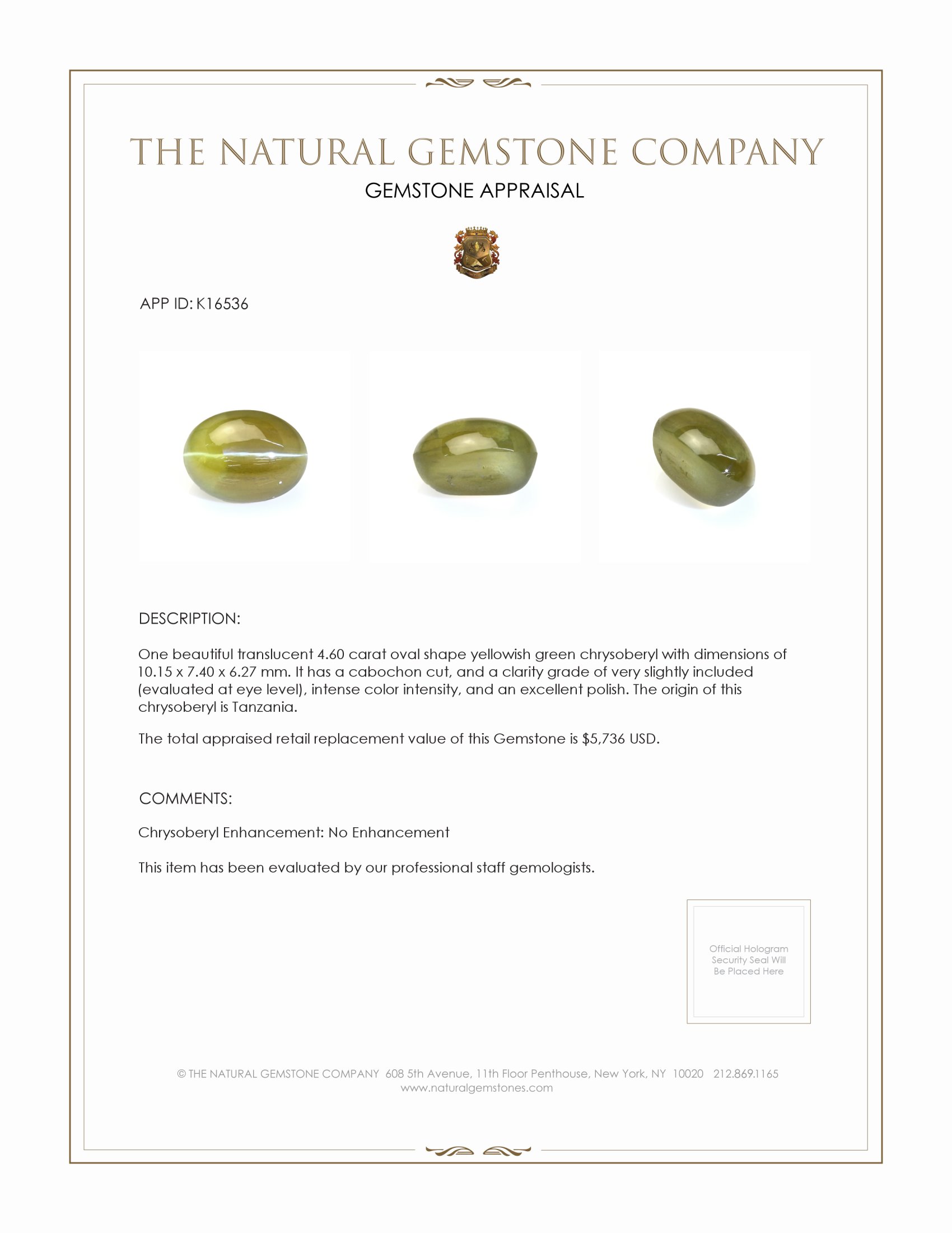 4.60 Ct. Yellowish Green Cabochon Chrysoberyl from Tanzania