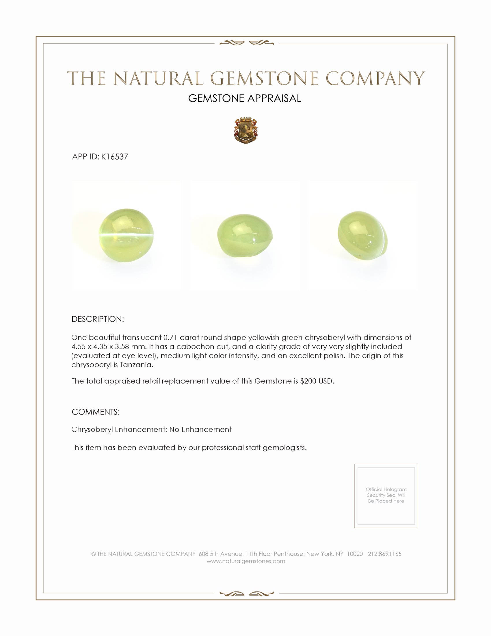 0.71 Ct. Yellowish Green Cabochon Chrysoberyl from Tanzania
