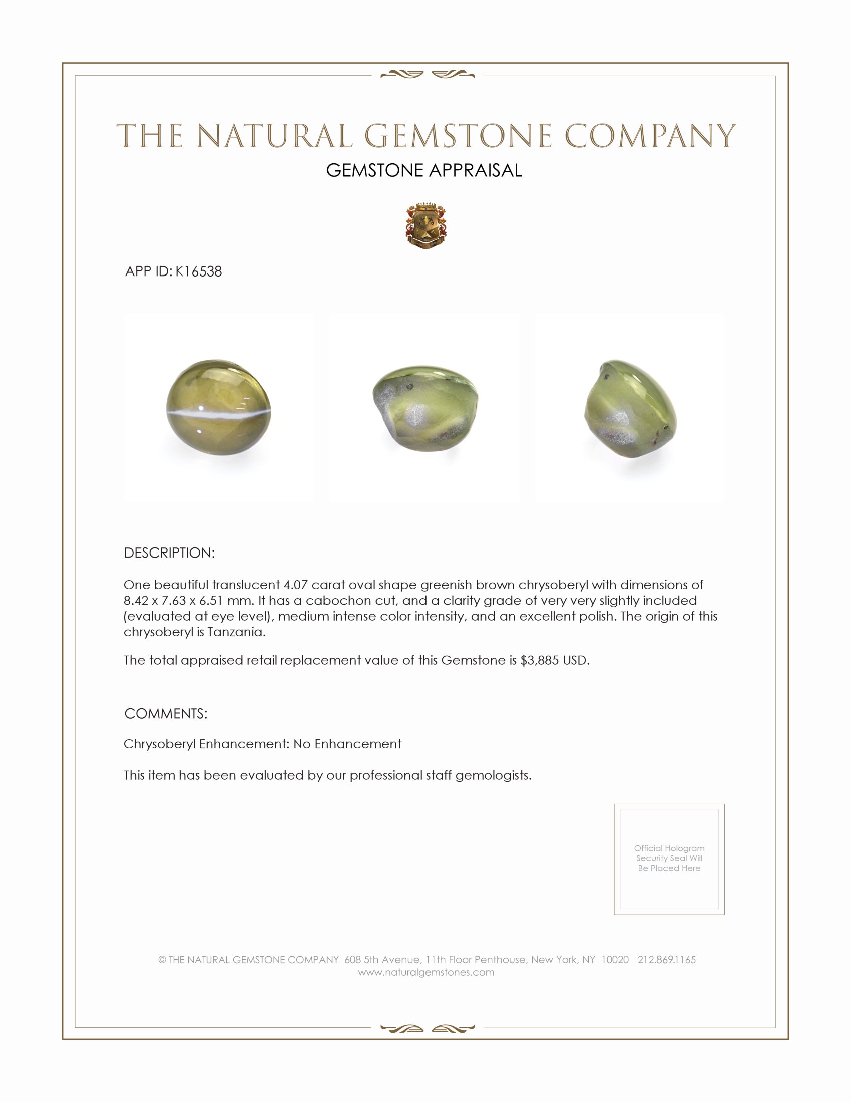 4.07 Ct. Cabochon Chrysoberyl from Tanzania