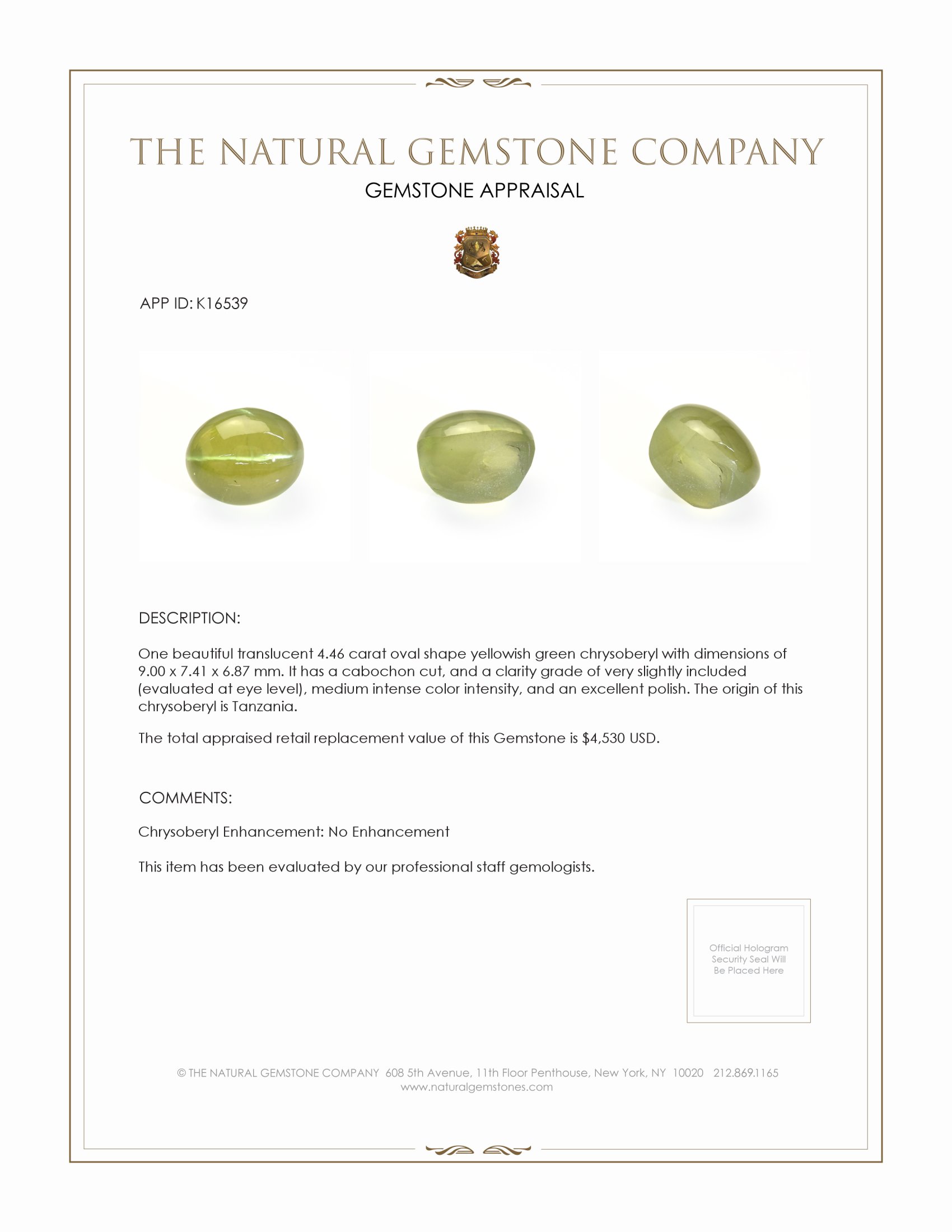 4.46 Ct. Yellowish Green Cabochon Chrysoberyl from Tanzania