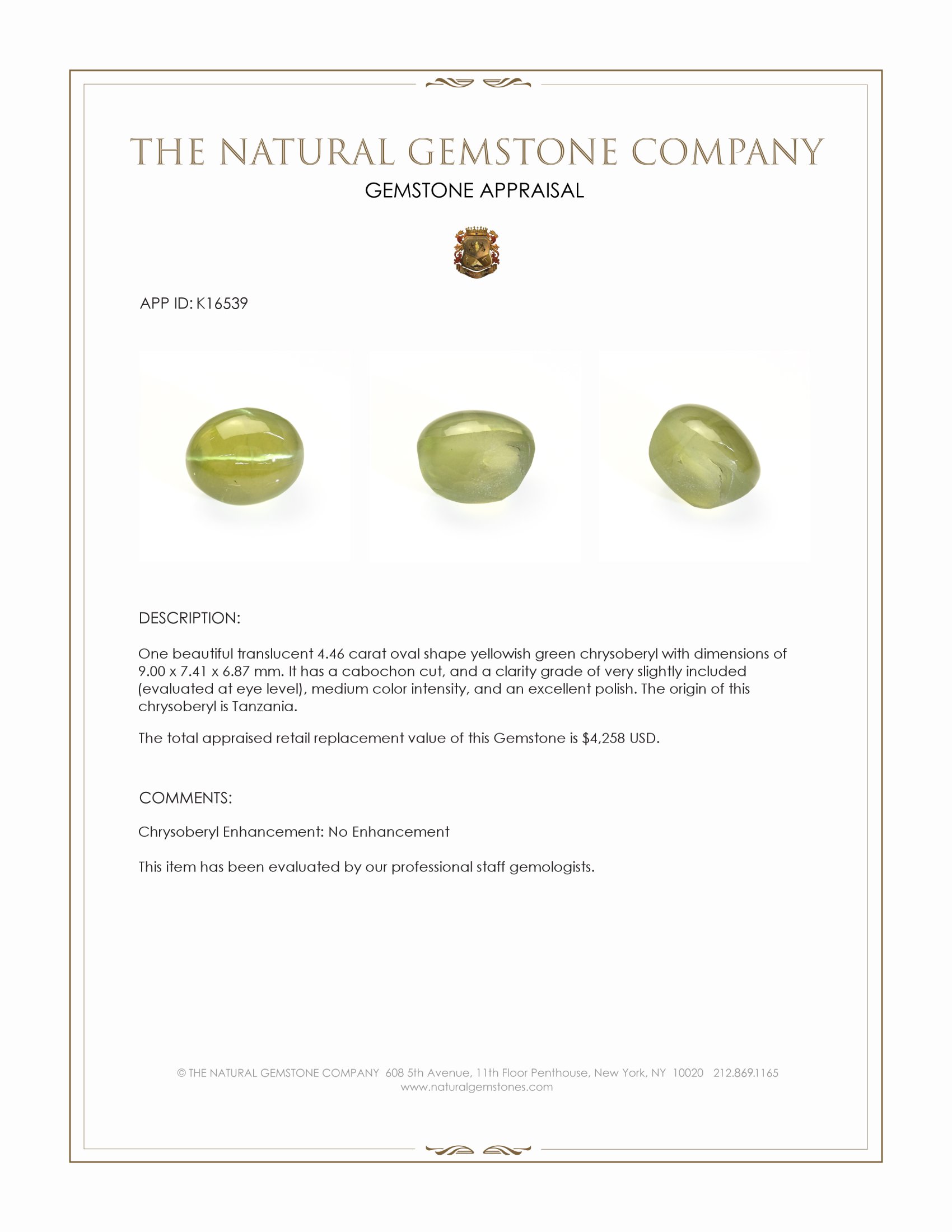 4.46 Ct. Yellowish Green Cabochon Chrysoberyl from Tanzania