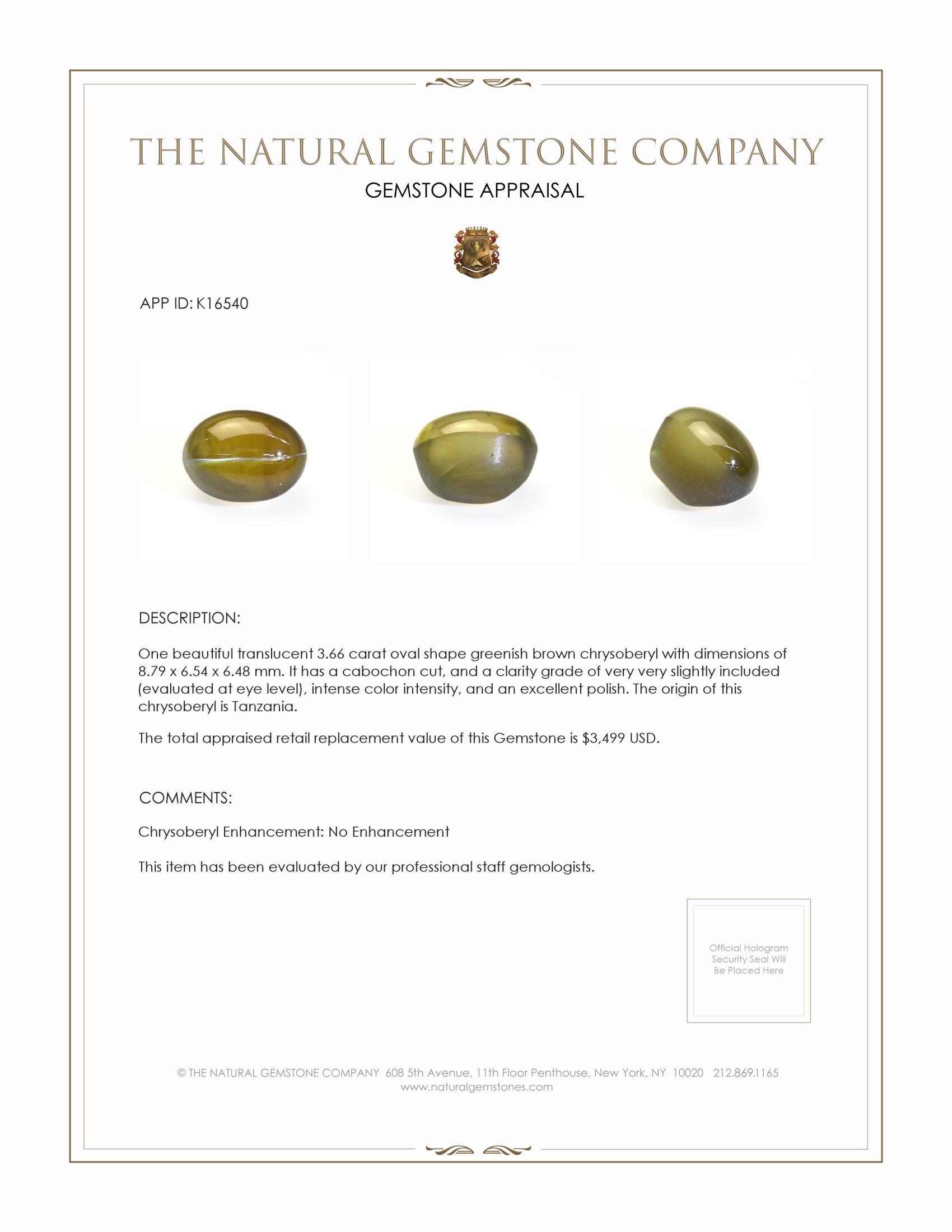3.66 Ct. Greenish Brown Cabochon Chrysoberyl from Tanzania