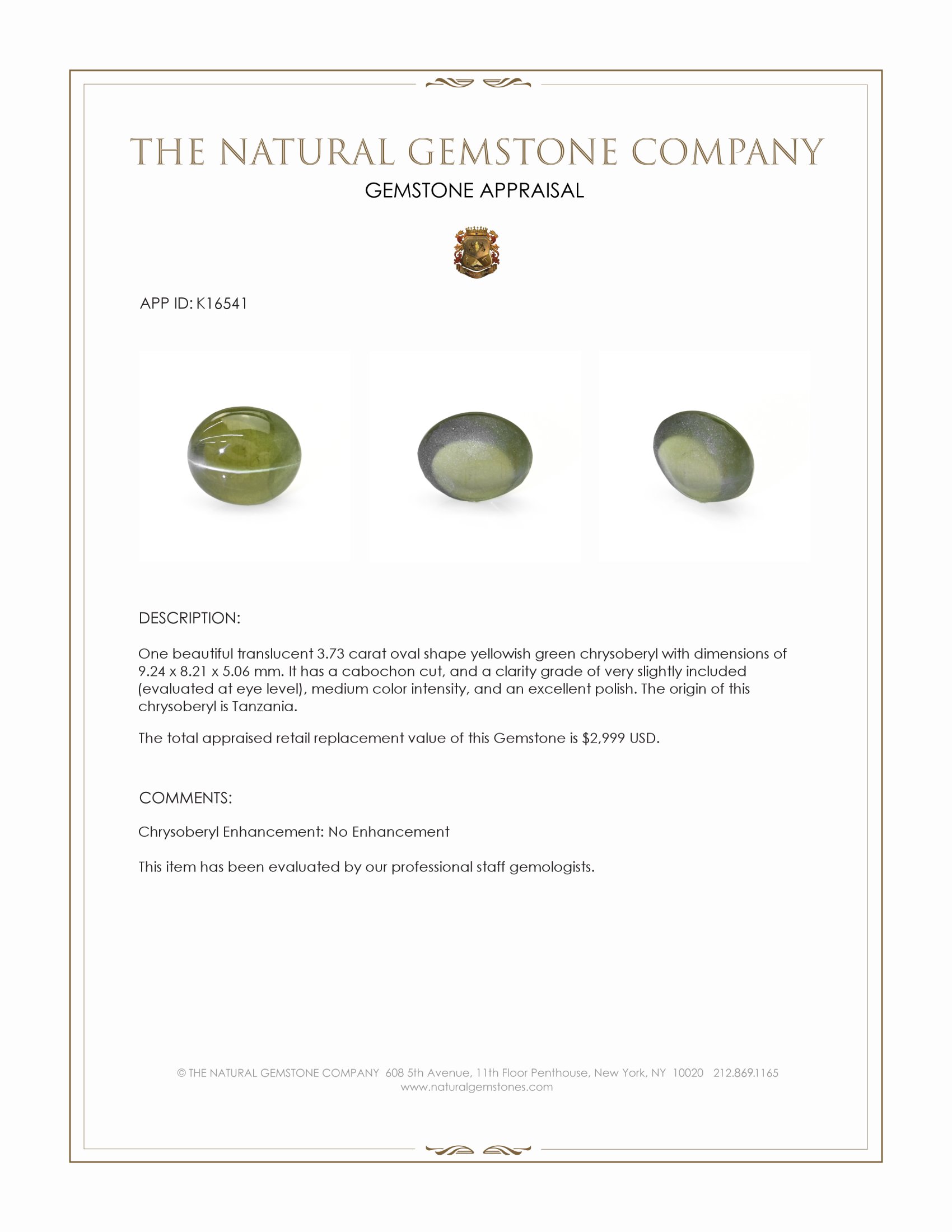 3.73 Ct. Yellowish Green Cabochon Chrysoberyl from Tanzania