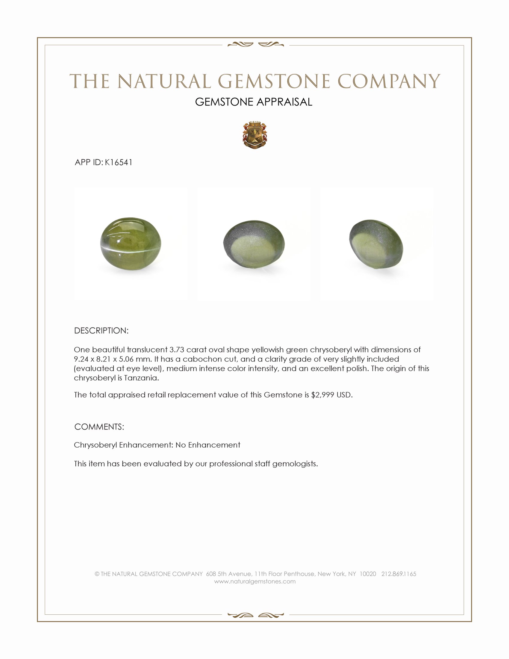 3.73 Ct. Cabochon Chrysoberyl from Tanzania