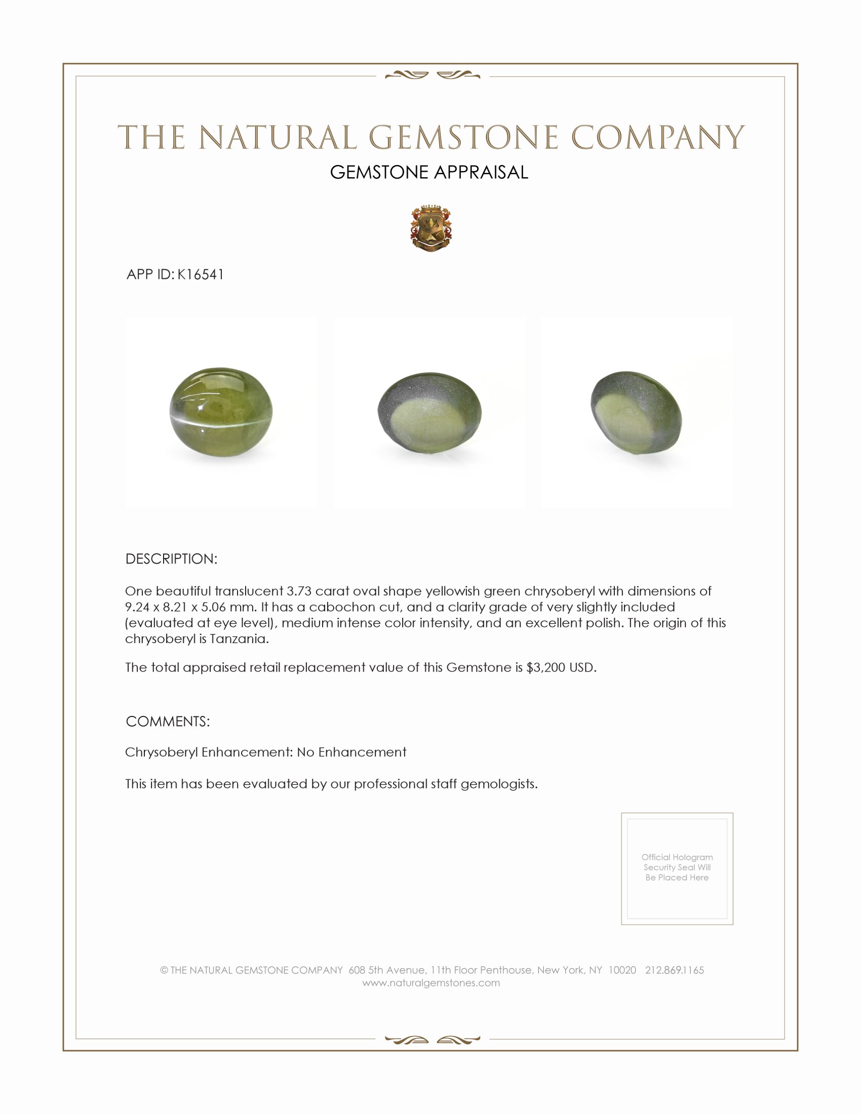 3.73 Ct. Cabochon Chrysoberyl from Tanzania