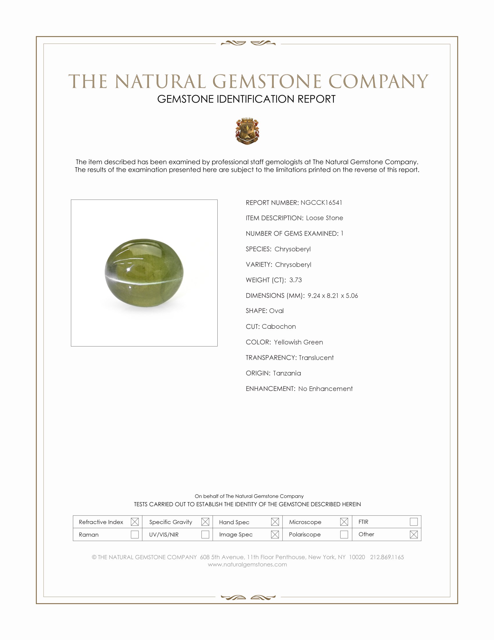 3.73 Ct. Yellowish Green Cabochon Chrysoberyl from Tanzania
