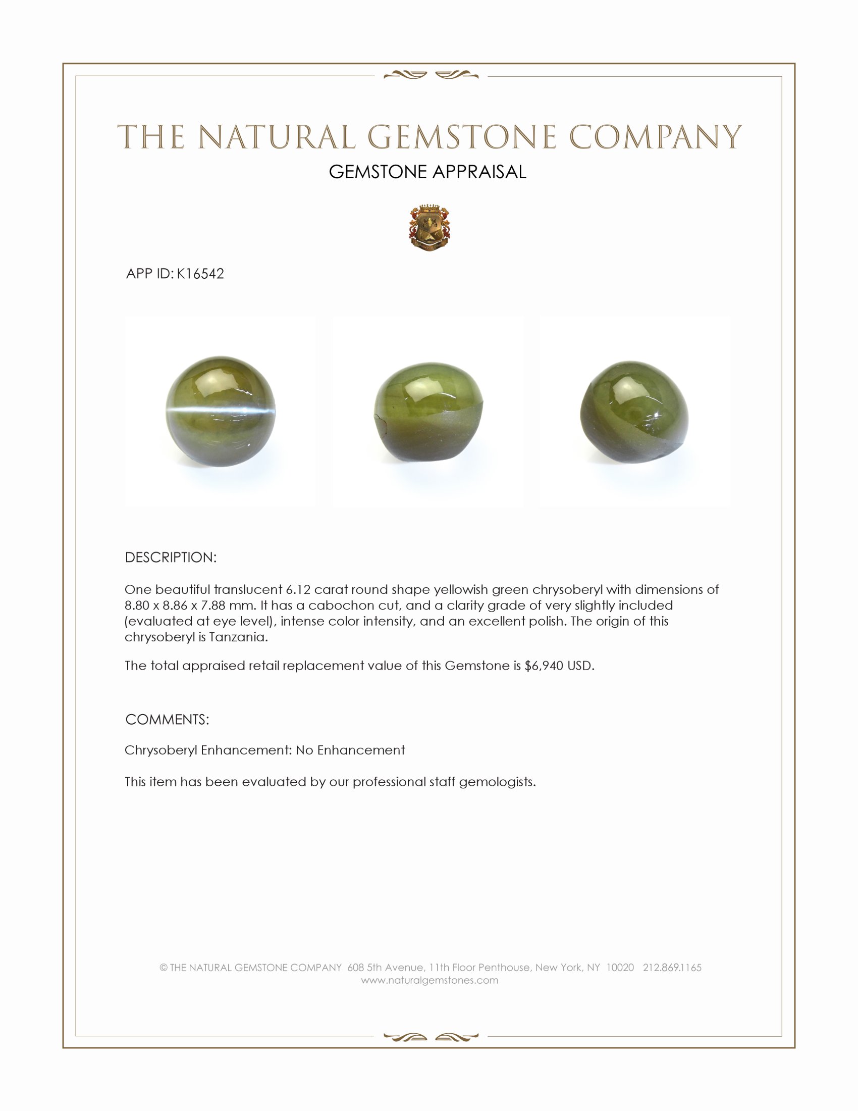 6.12 Ct. Yellowish Green Cabochon Chrysoberyl from Tanzania