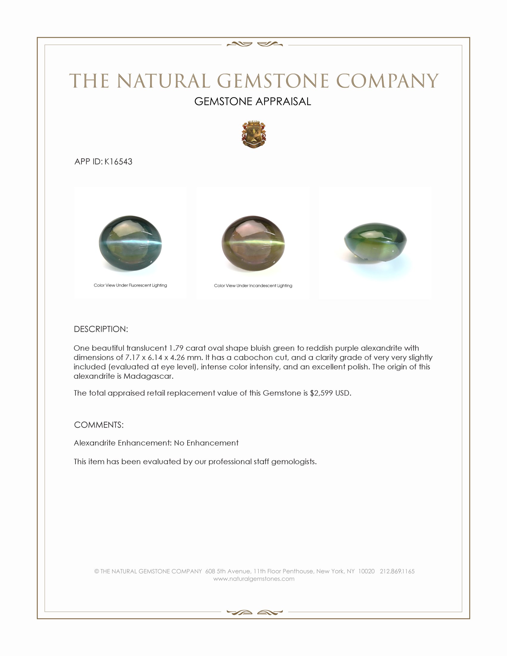 1.79 Ct. Cabochon Alexandrite from Madagascar