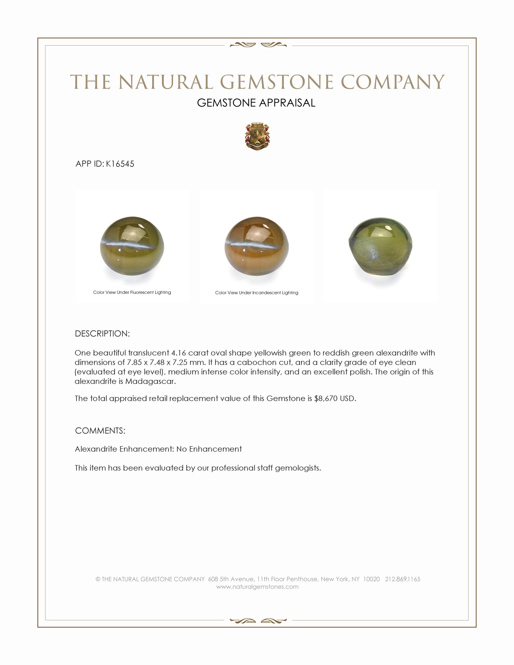 4.16 Ct. Cabochon Alexandrite from Madagascar