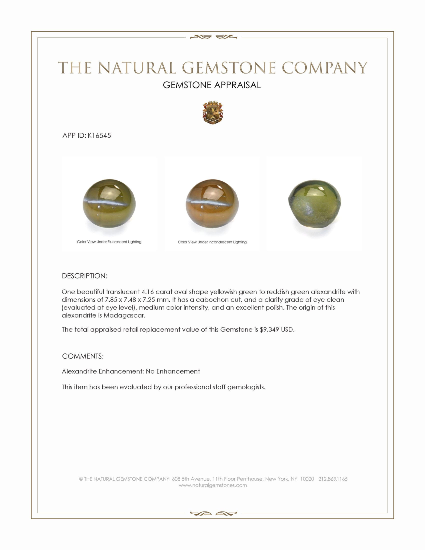 4.16 Ct. Cabochon Alexandrite from Madagascar