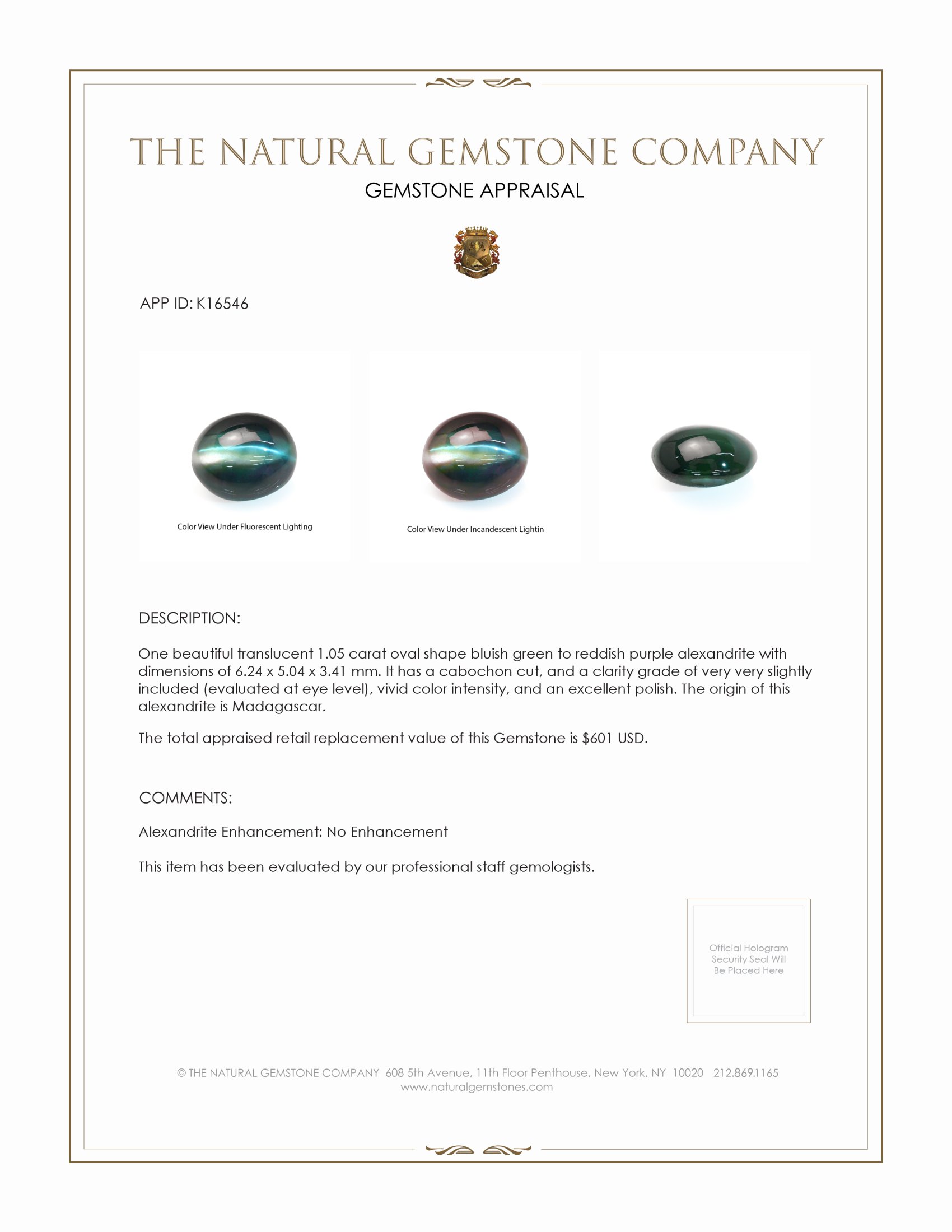 1.05 Ct. Cabochon Alexandrite from Madagascar