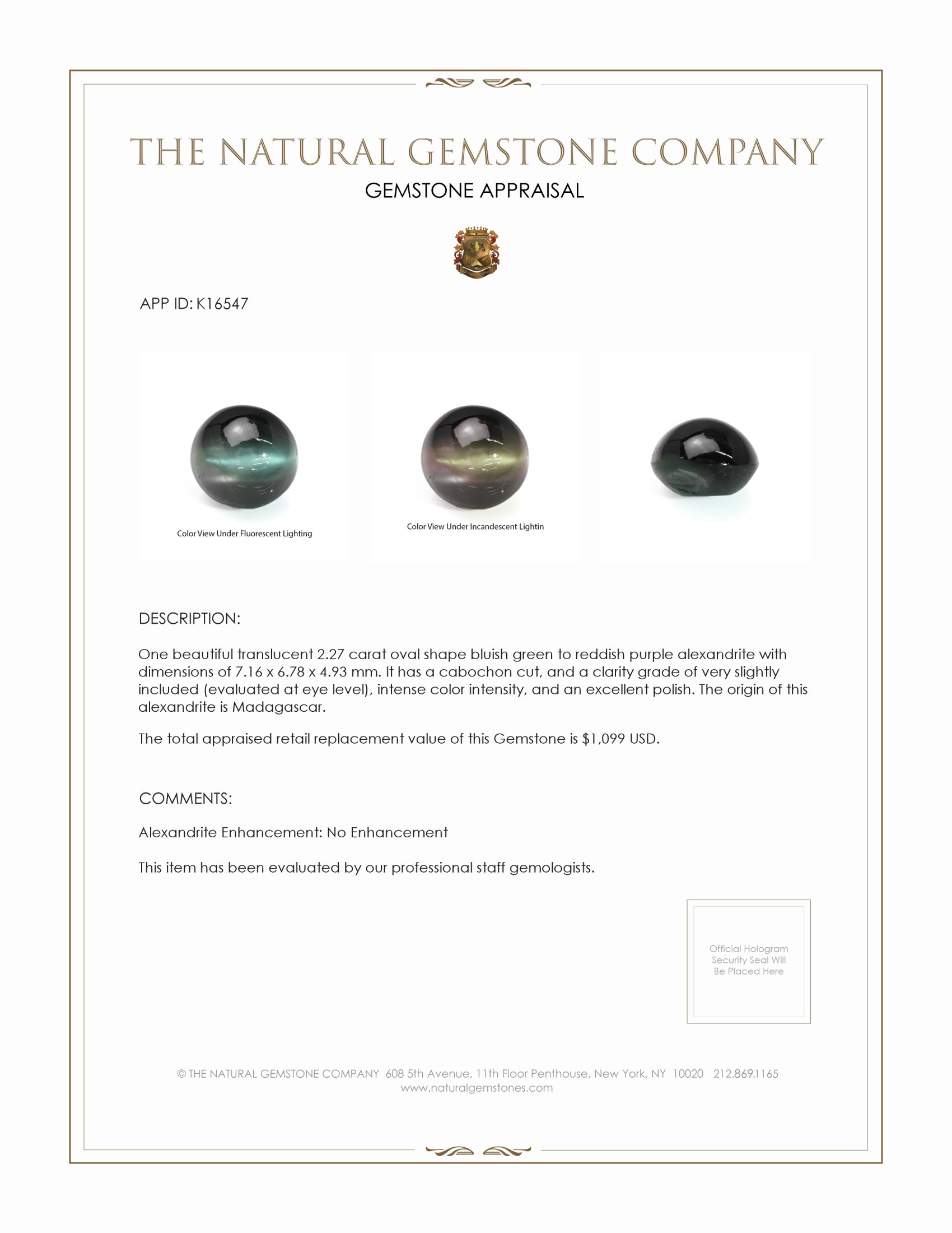 2.27 Ct. Cabochon Alexandrite from Madagascar