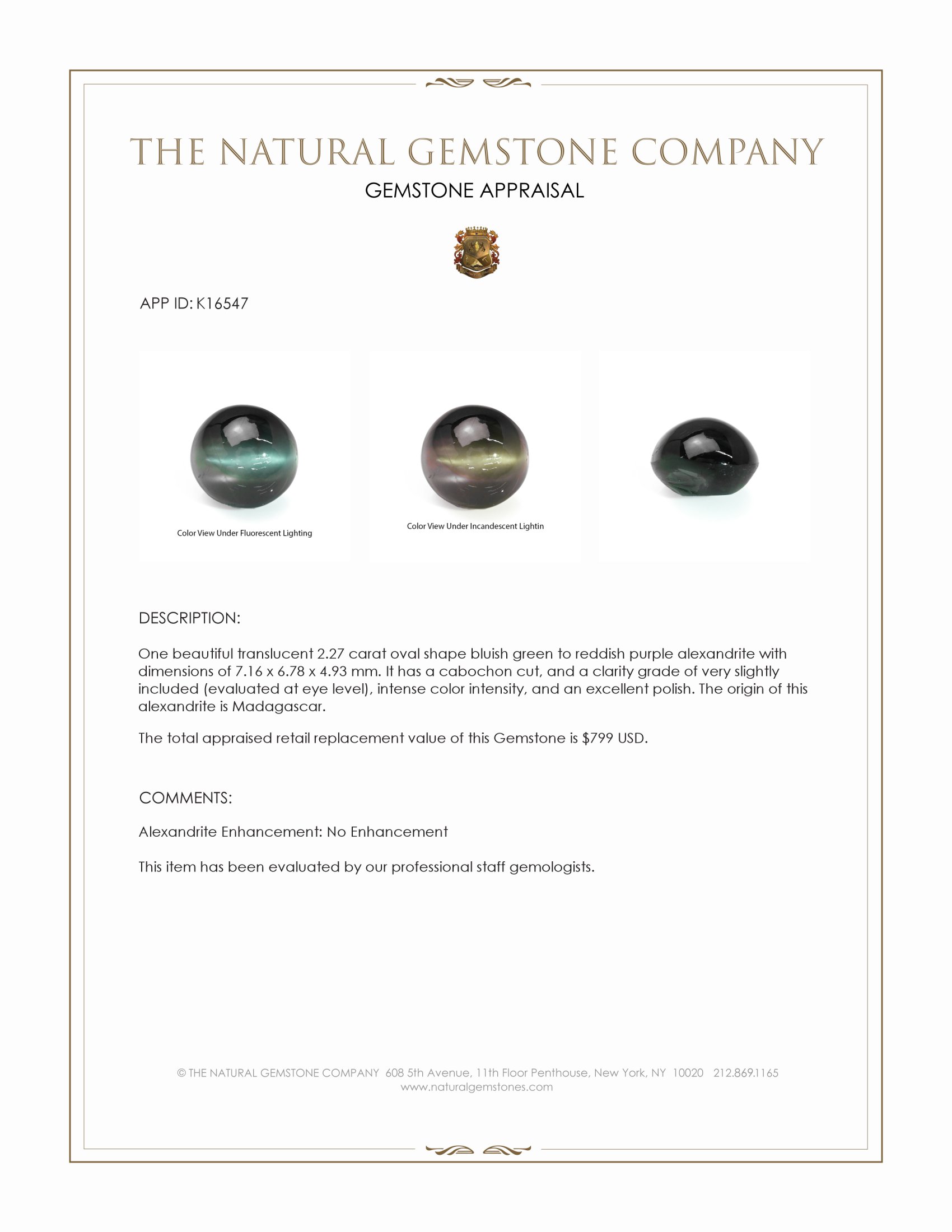 2.27 Ct. Cabochon Alexandrite from Madagascar