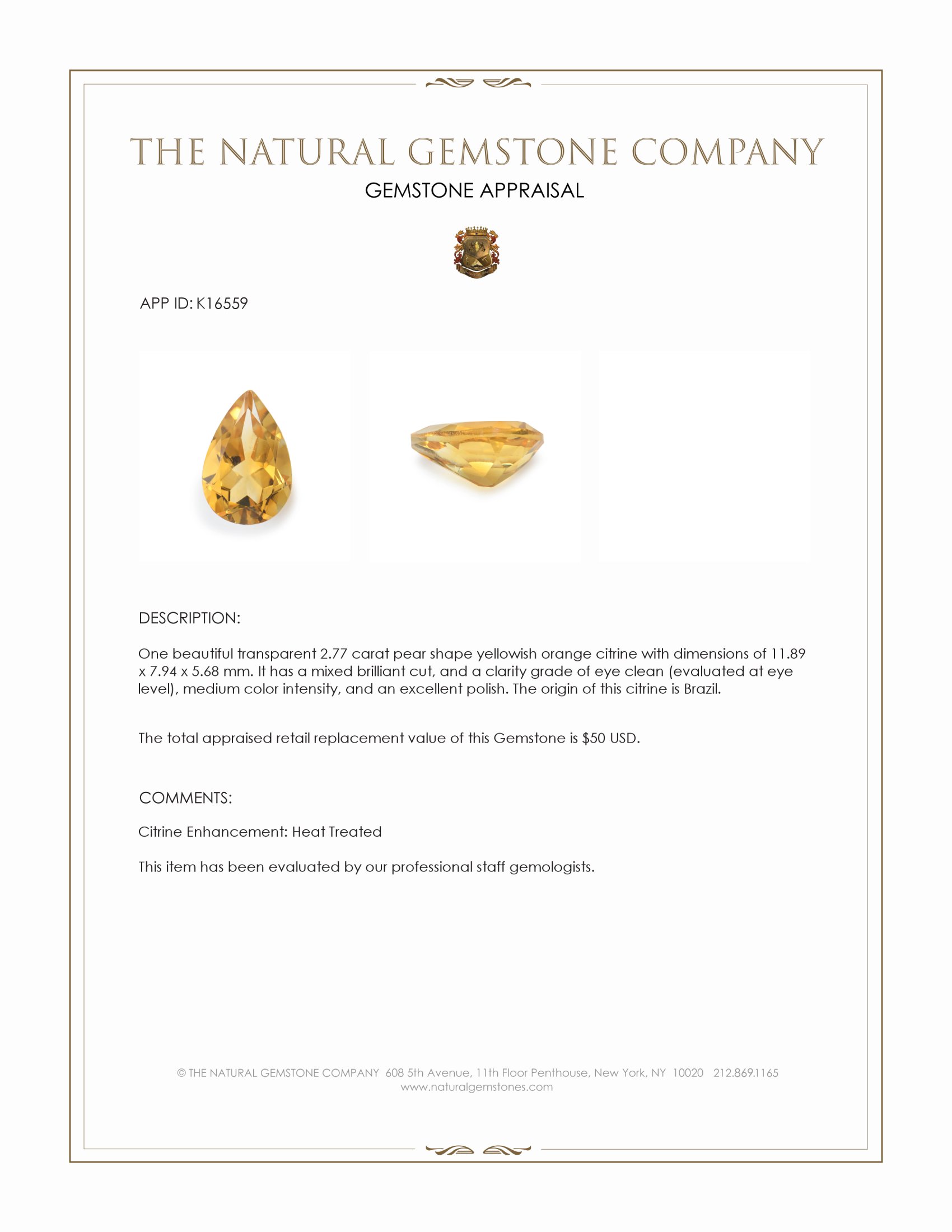 2.77 Ct. Yellowish Orange Citrine from Brazil