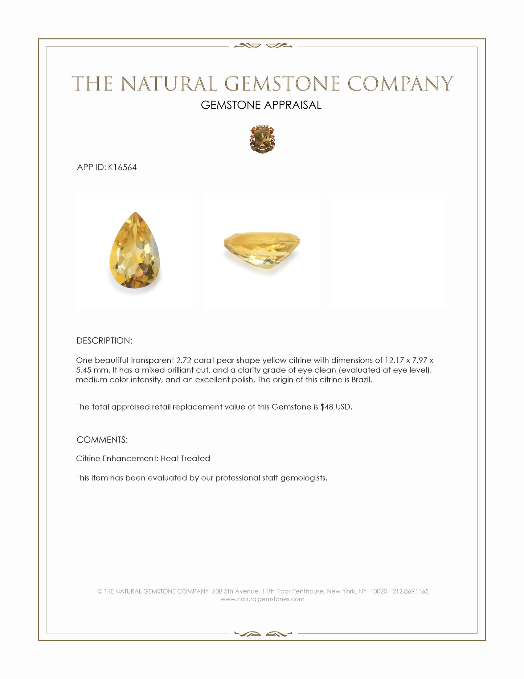 2.72 Ct. Yellow Citrine from Brazil