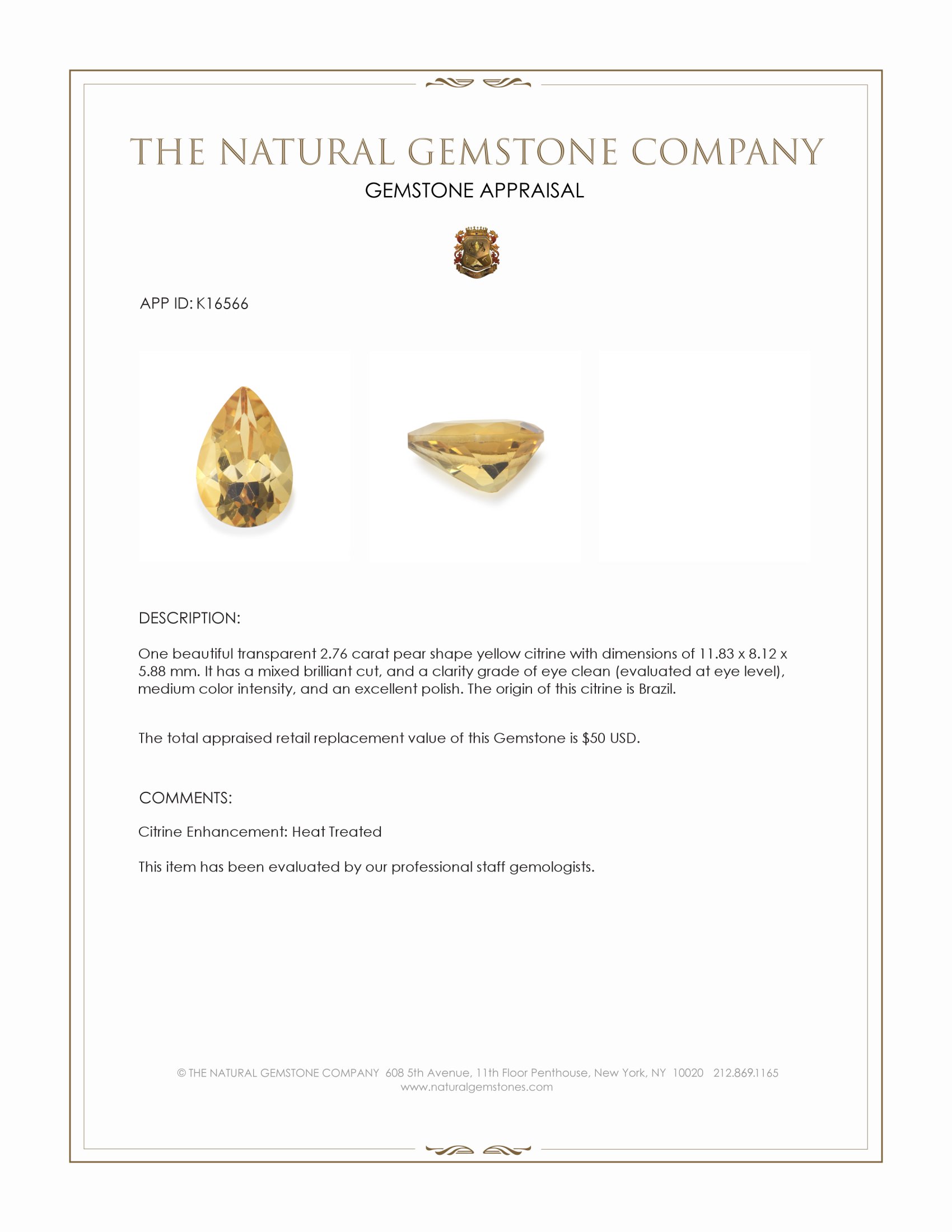 2.76 Ct. Yellow Citrine from Brazil