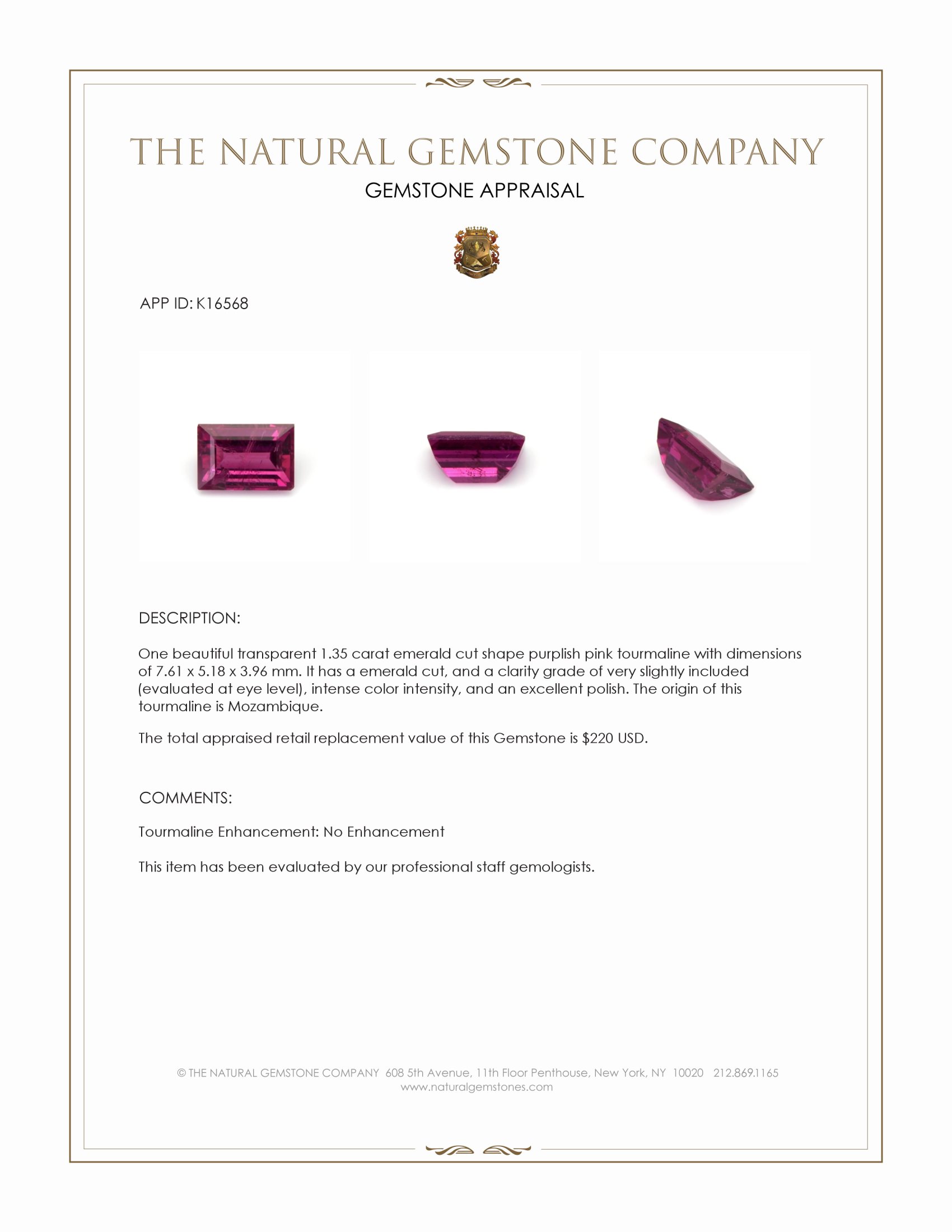 1.35 Ct. Purplish Pink Tourmaline from Mozambique