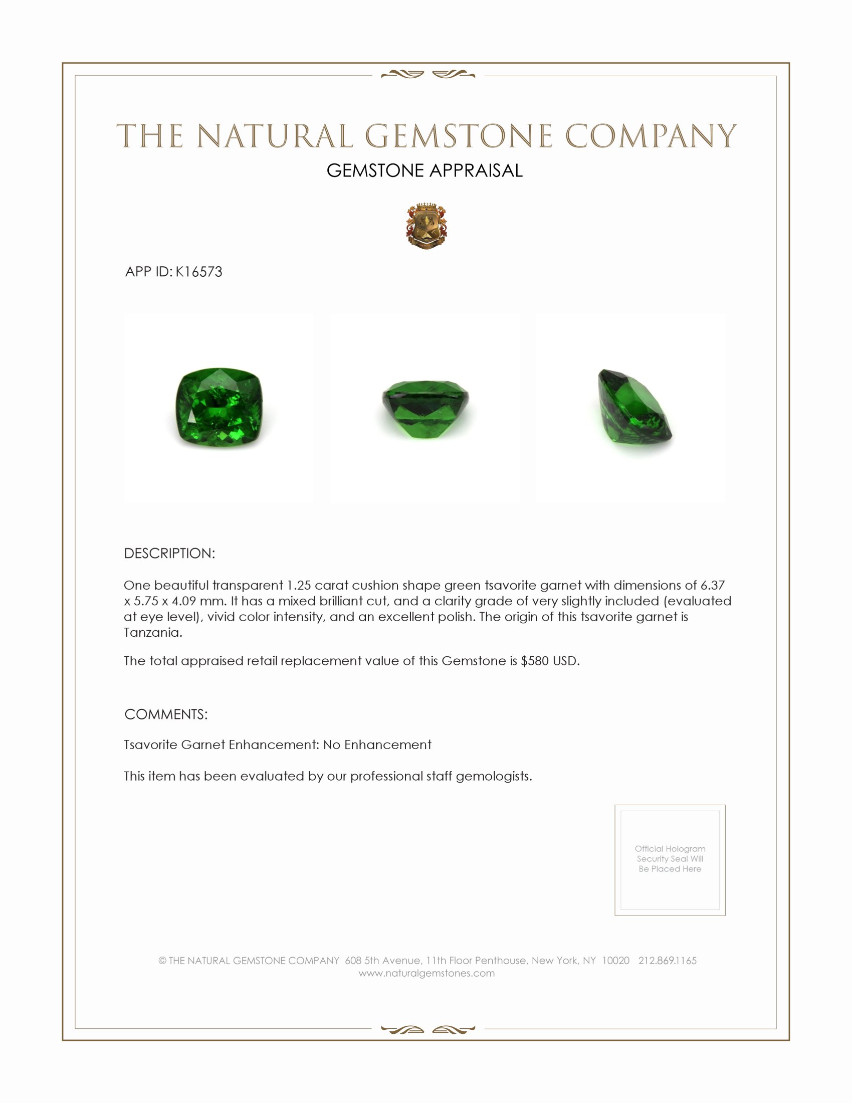 1.25 Ct. Tsavorite Garnet from Tanzania