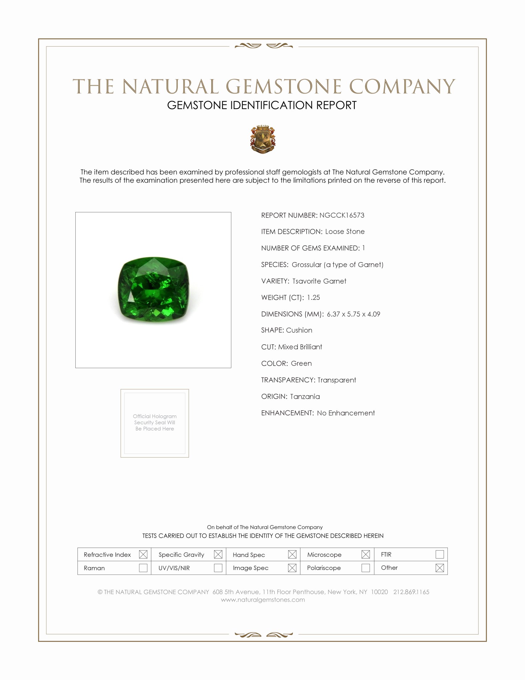 1.25 Ct. Tsavorite Garnet from Tanzania
