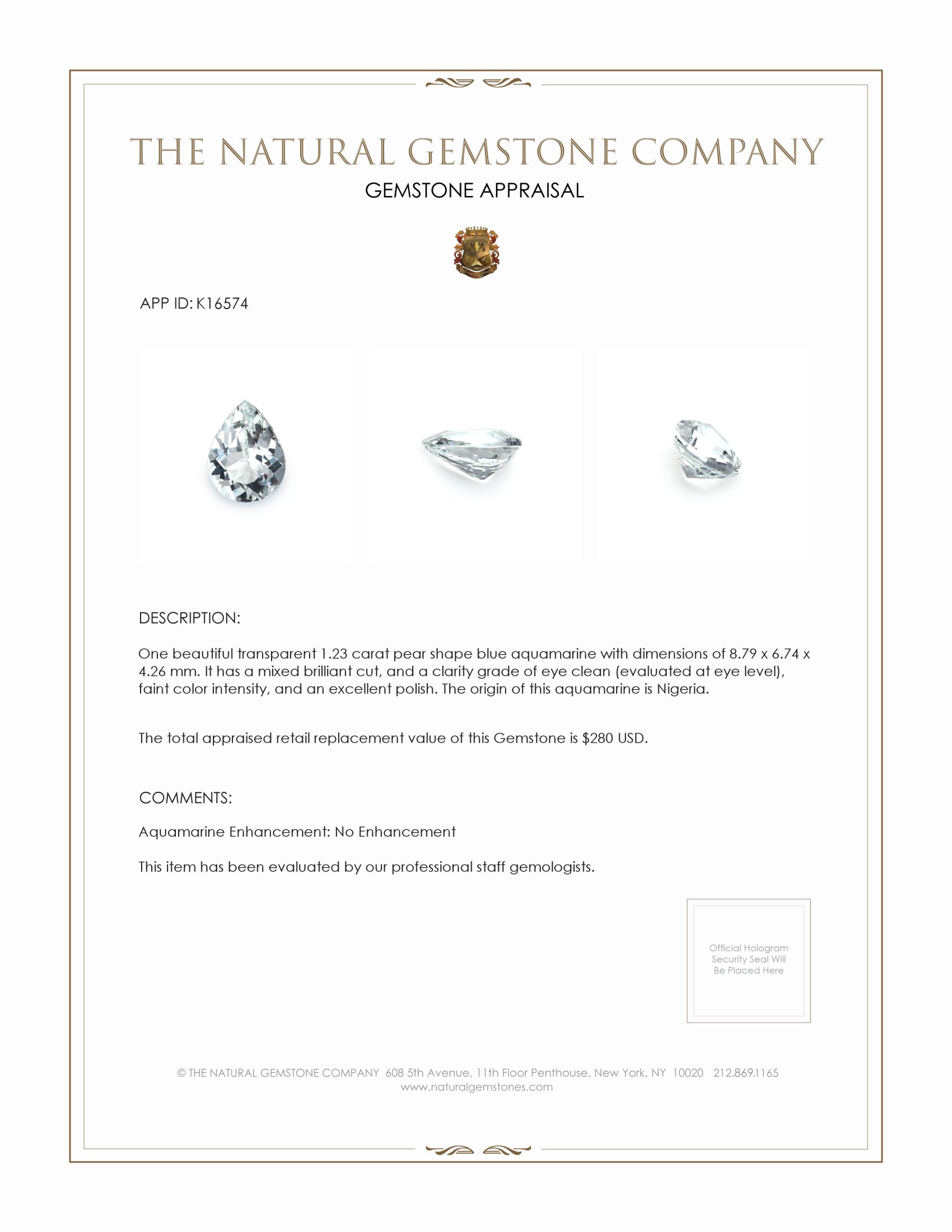 1.23 Ct. White Goshenite from Madagascar