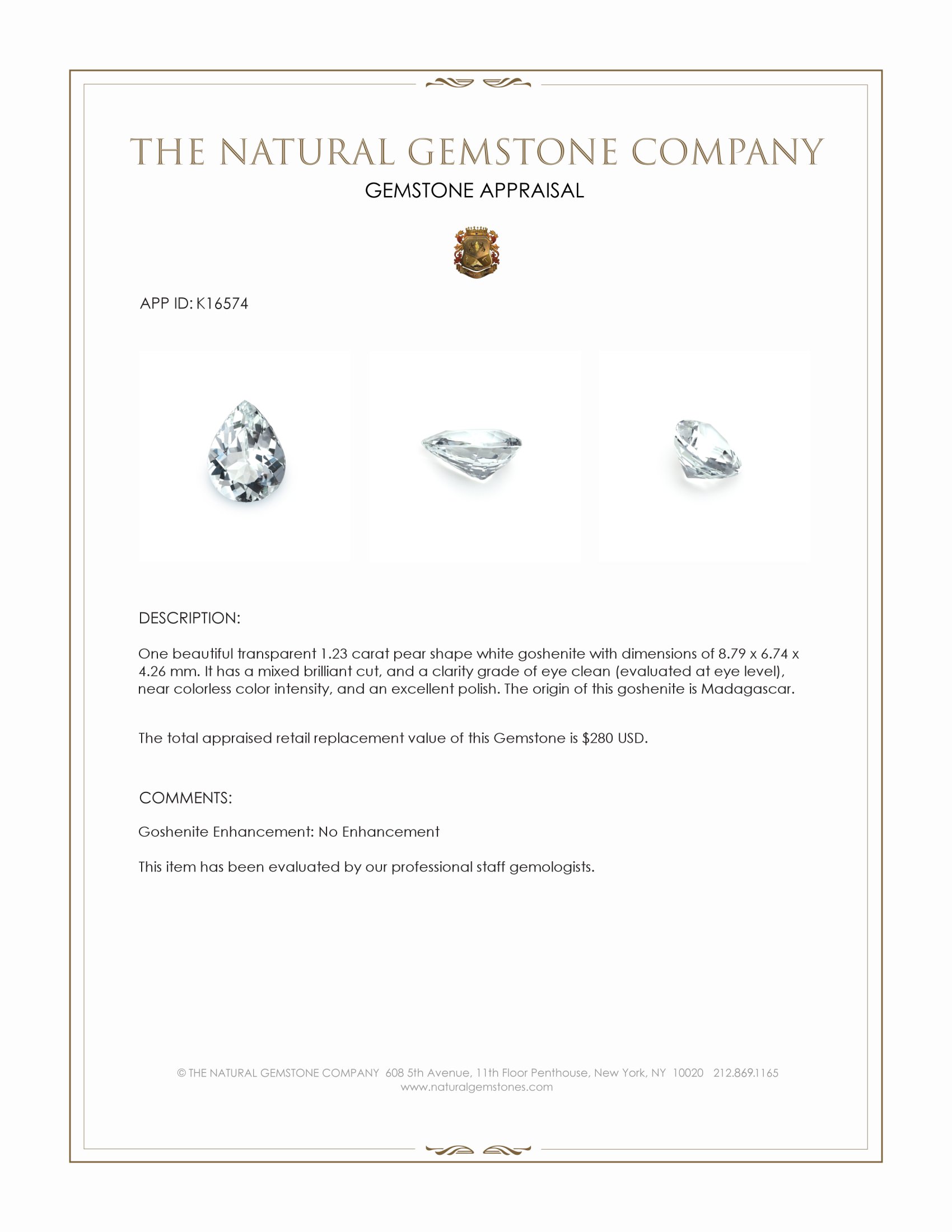 1.23 Ct. Goshenite from Madagascar