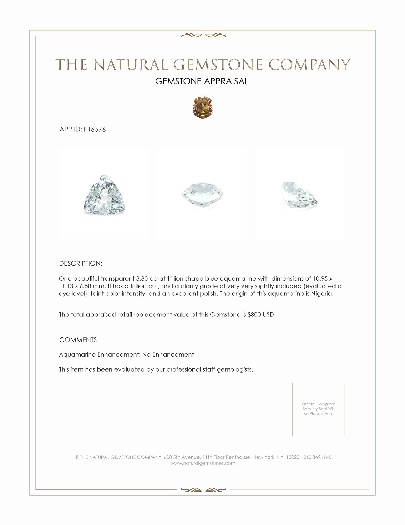 3.80 Ct. Aquamarine from Nigeria