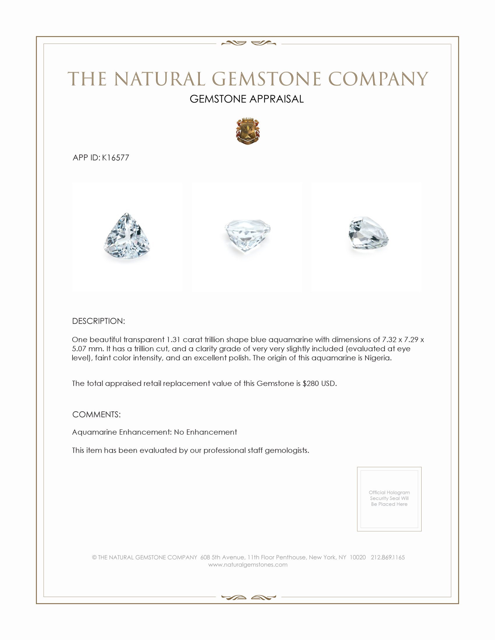 1.31 Ct. Aquamarine from Nigeria