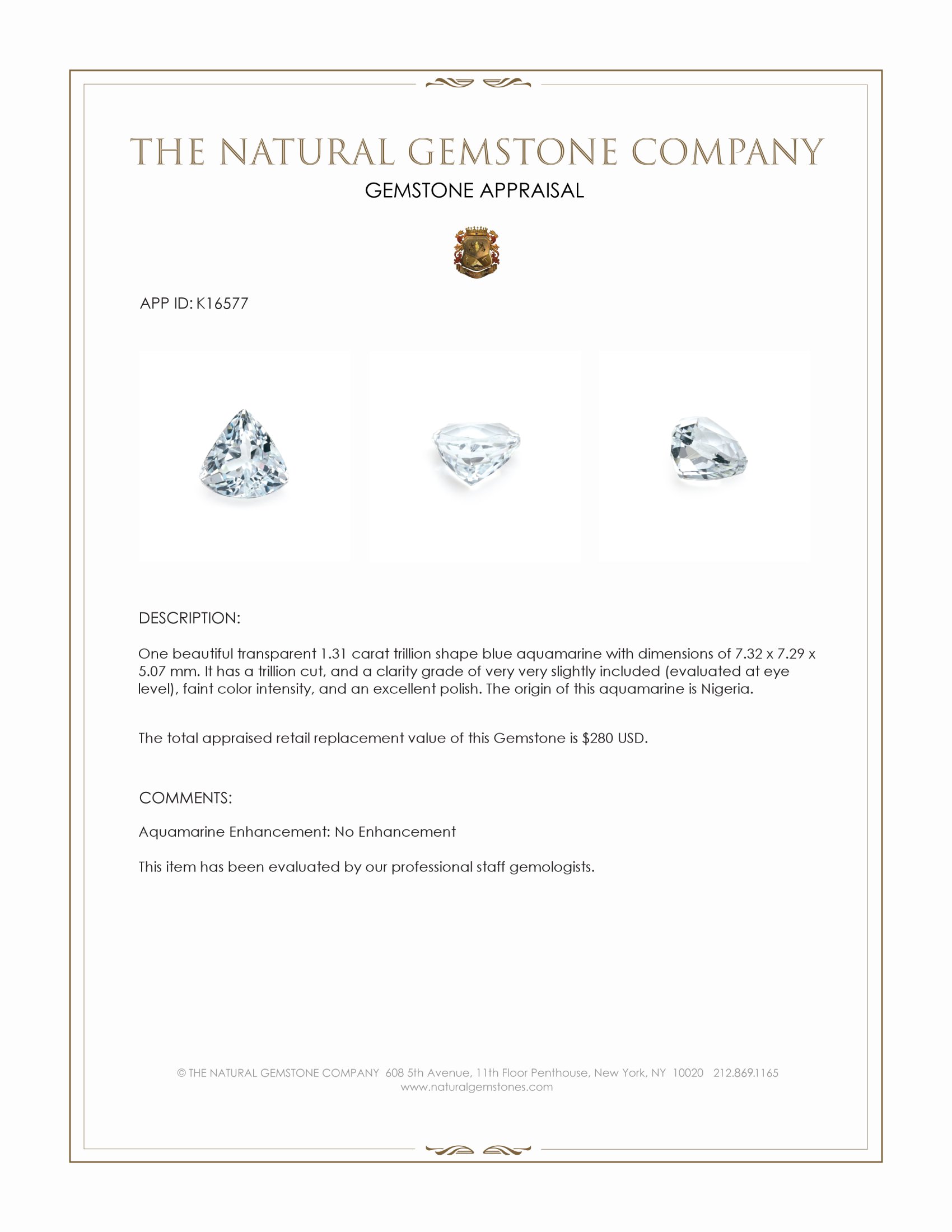 1.31 Ct. Aquamarine from Nigeria