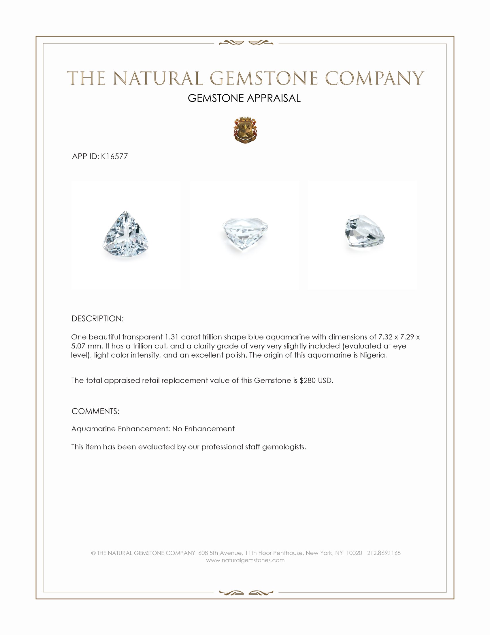 1.31 Ct. Blue Aquamarine from Nigeria