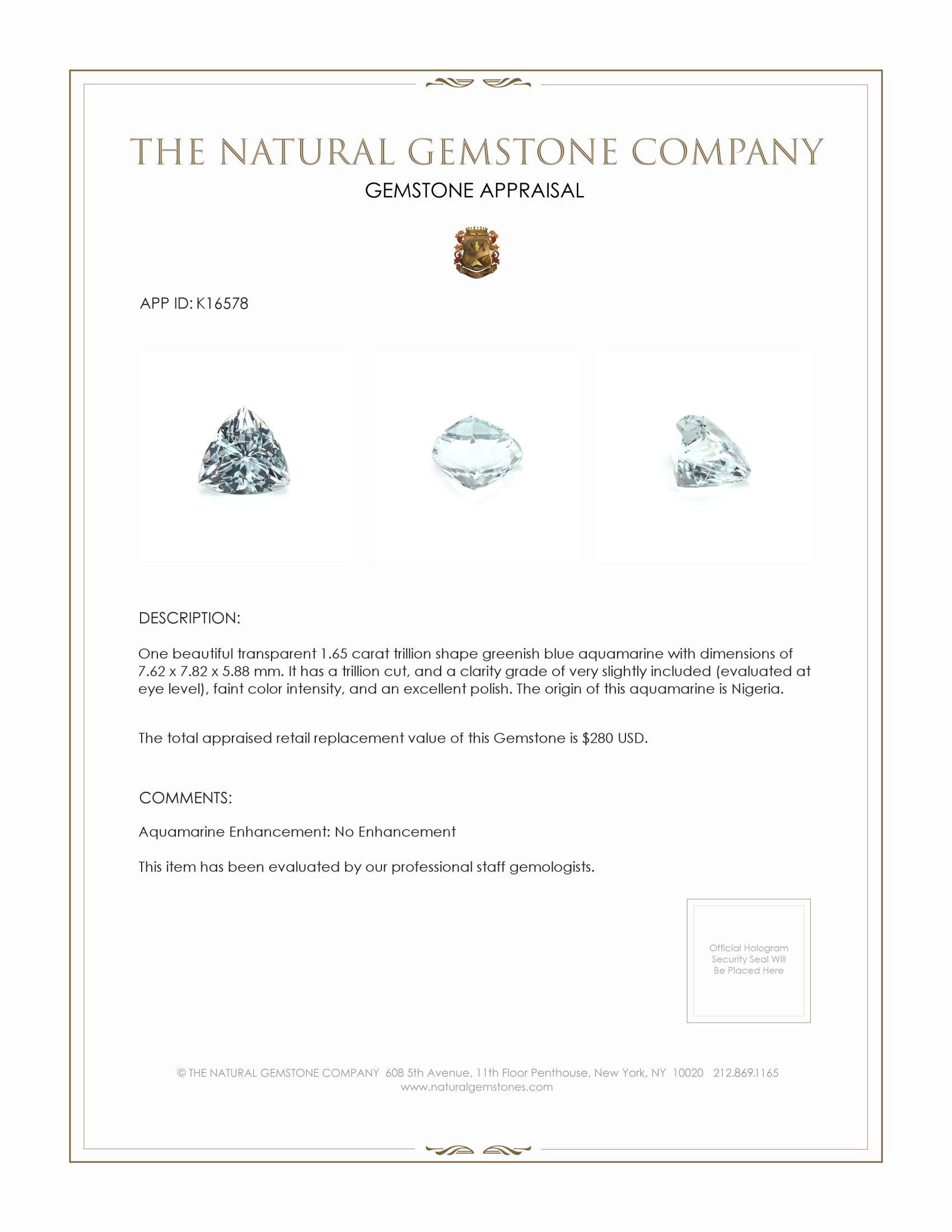 1.65 Ct. Greenish Blue Aquamarine from Nigeria