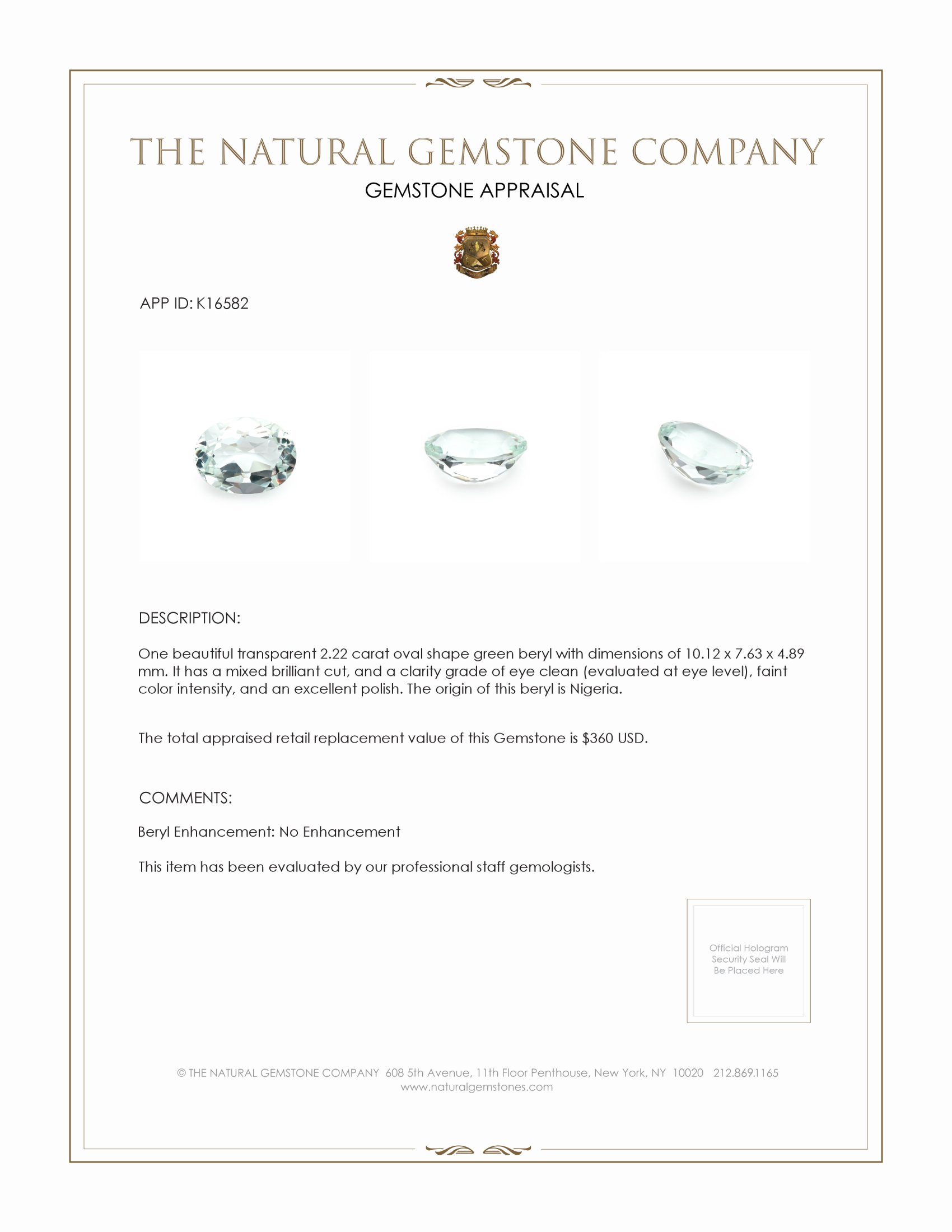 2.22 Ct. Green Beryl from Nigeria