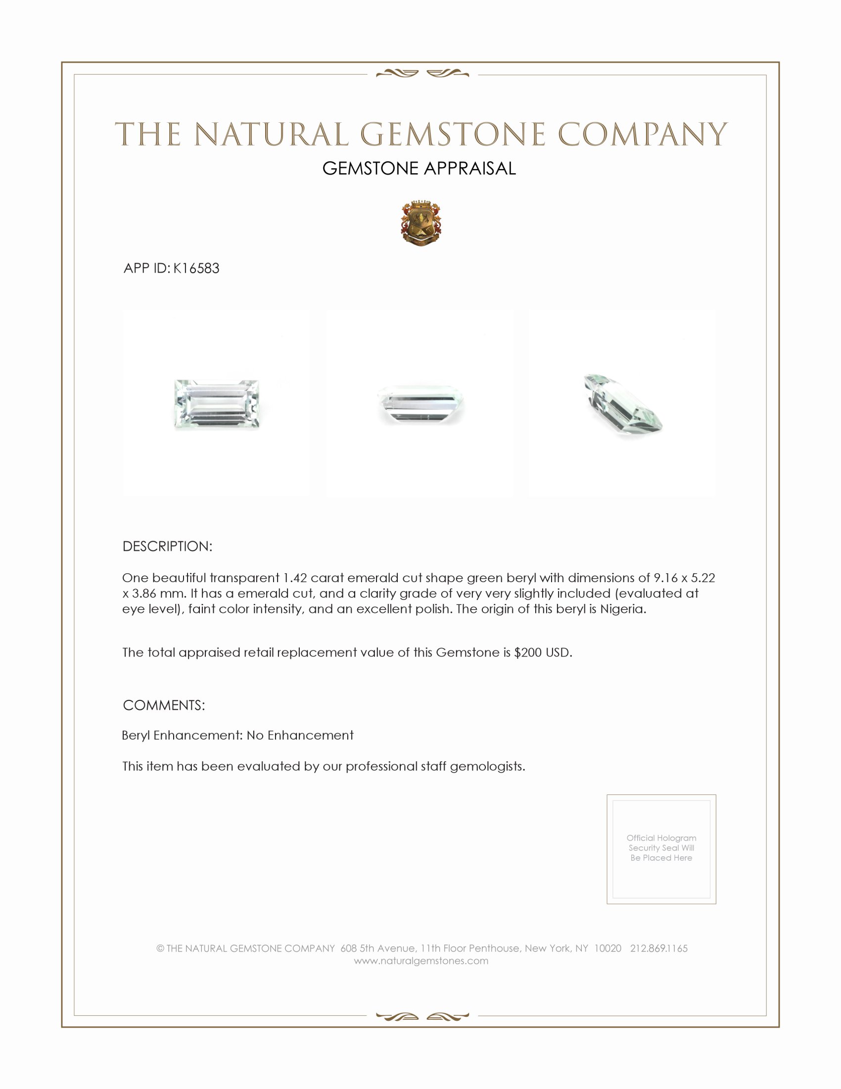 1.42 Ct. Green Beryl from Nigeria