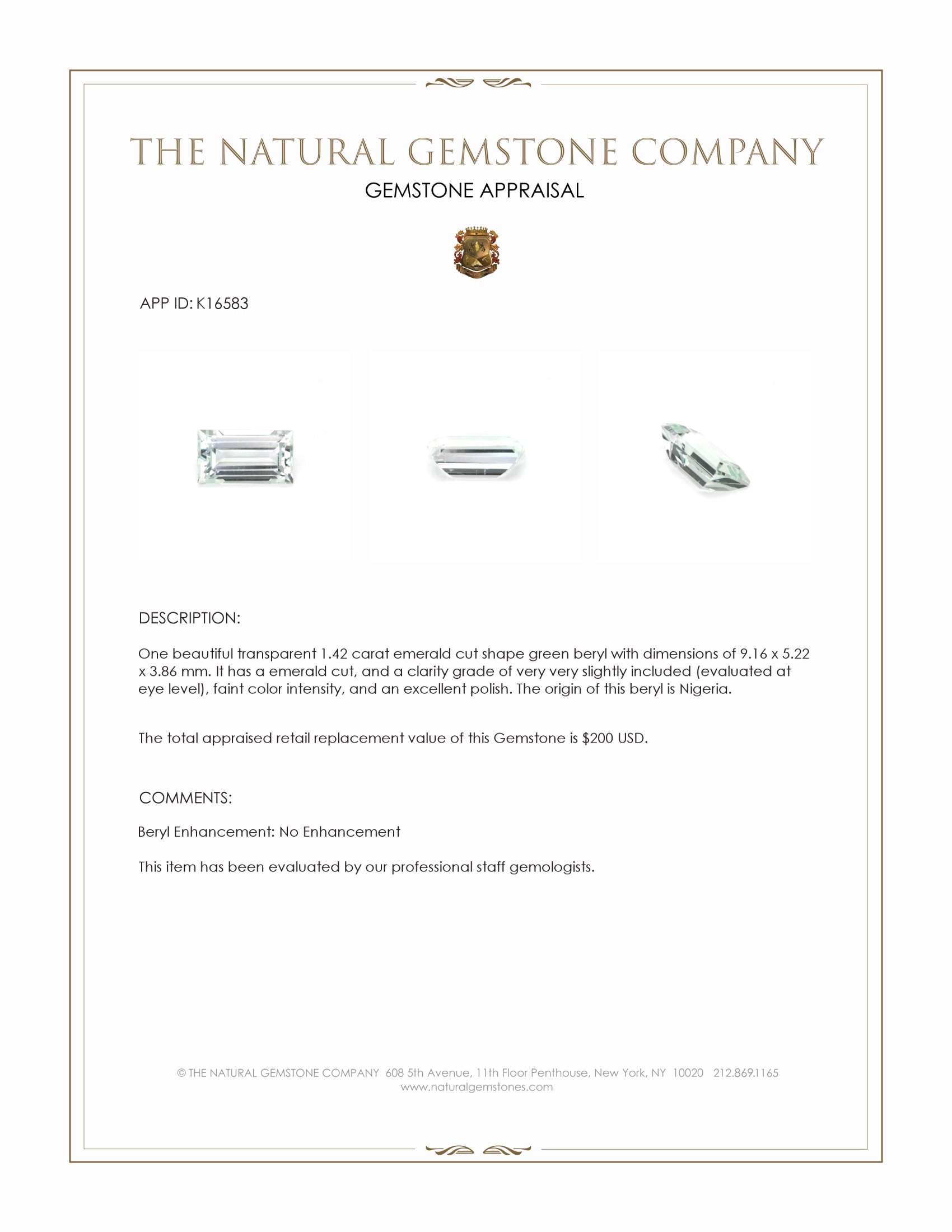 1.42 Ct. Beryl from Nigeria