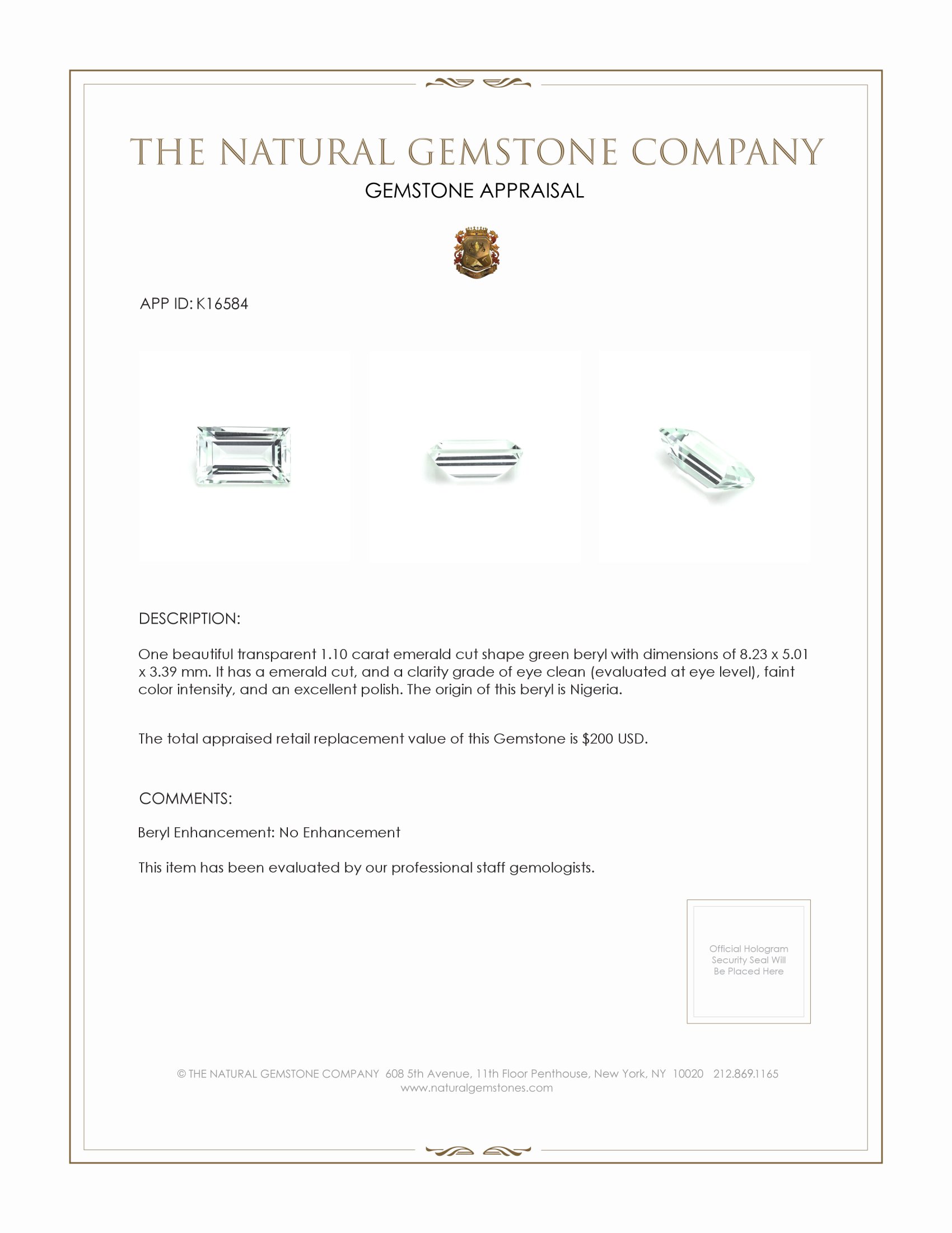 1.10 Ct. Beryl from Nigeria