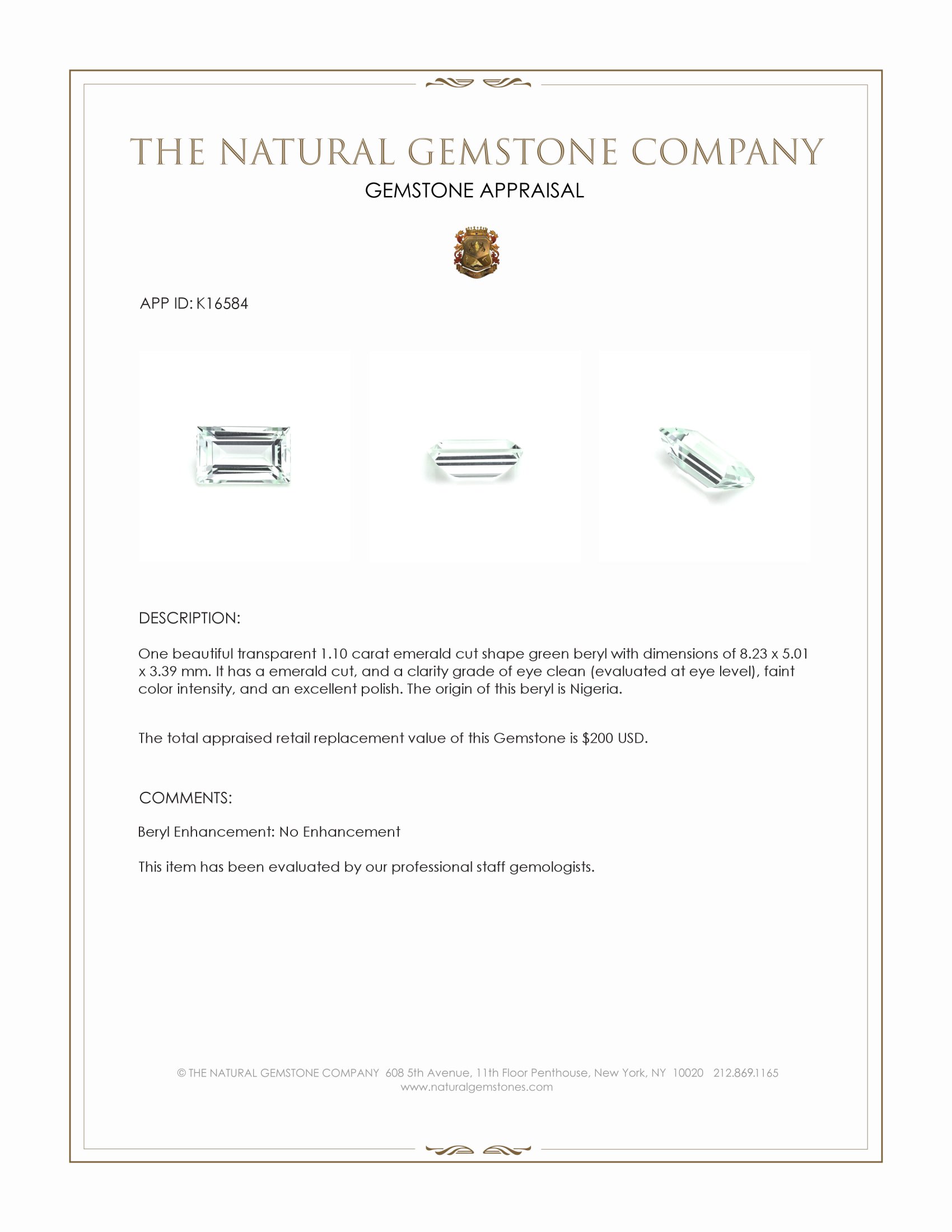 1.10 Ct. Green Beryl from Nigeria