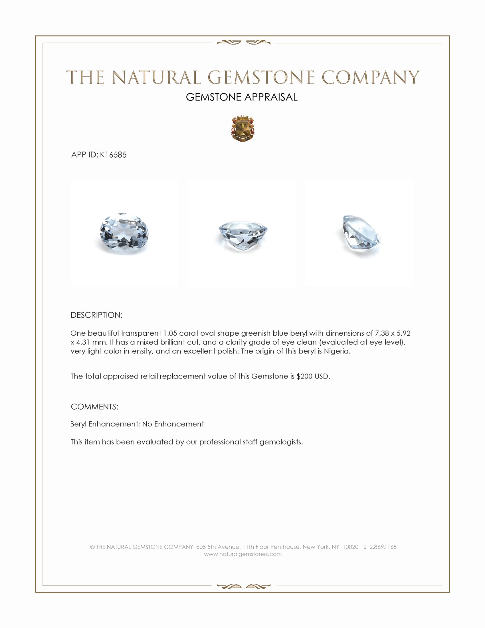 1.05 Ct. Beryl from Nigeria